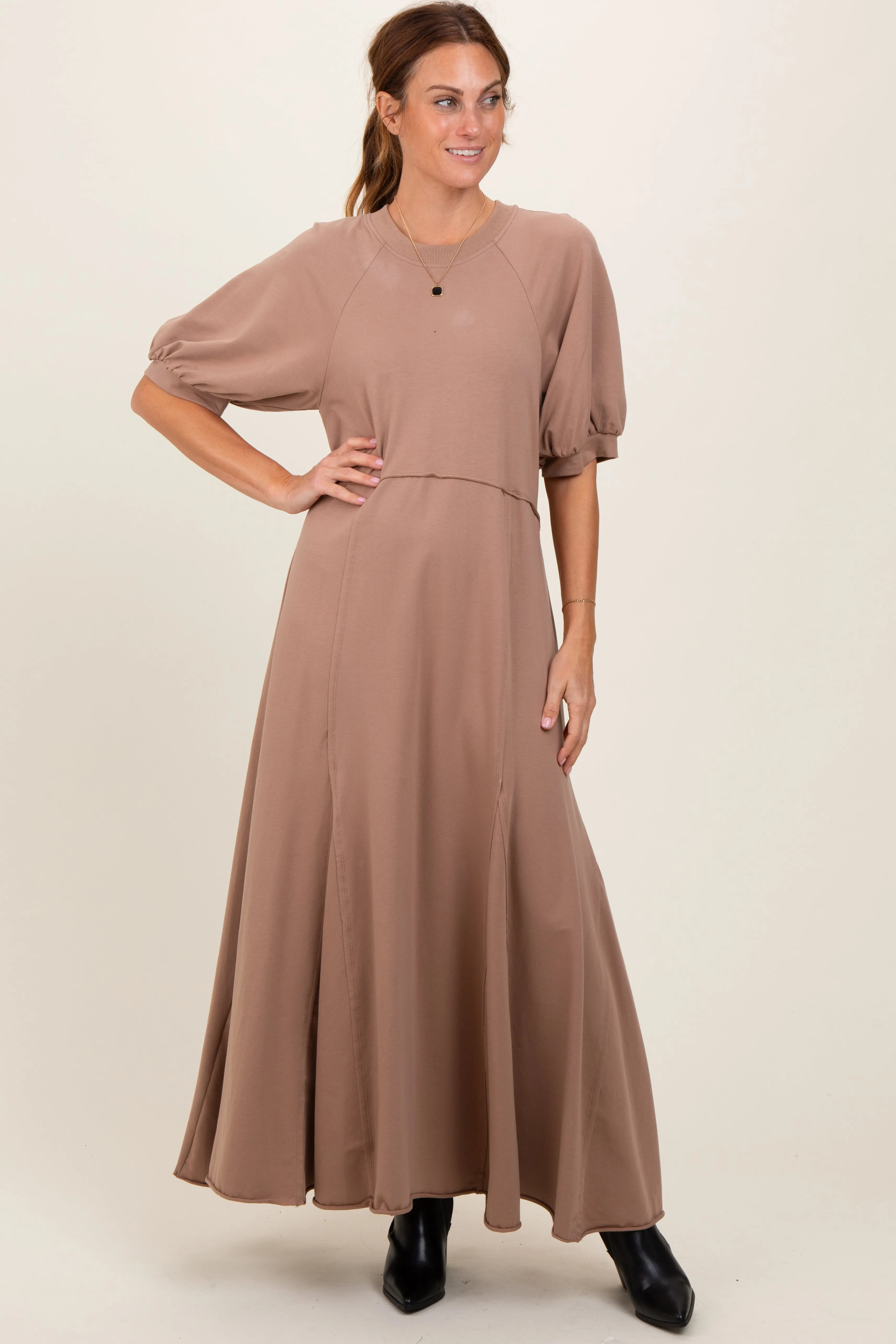 Taupe Puff Sleeve Basic Midi Dress sold by Pinkblush