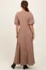 Taupe Puff Sleeve Basic Midi Dress sold by Pinkblush