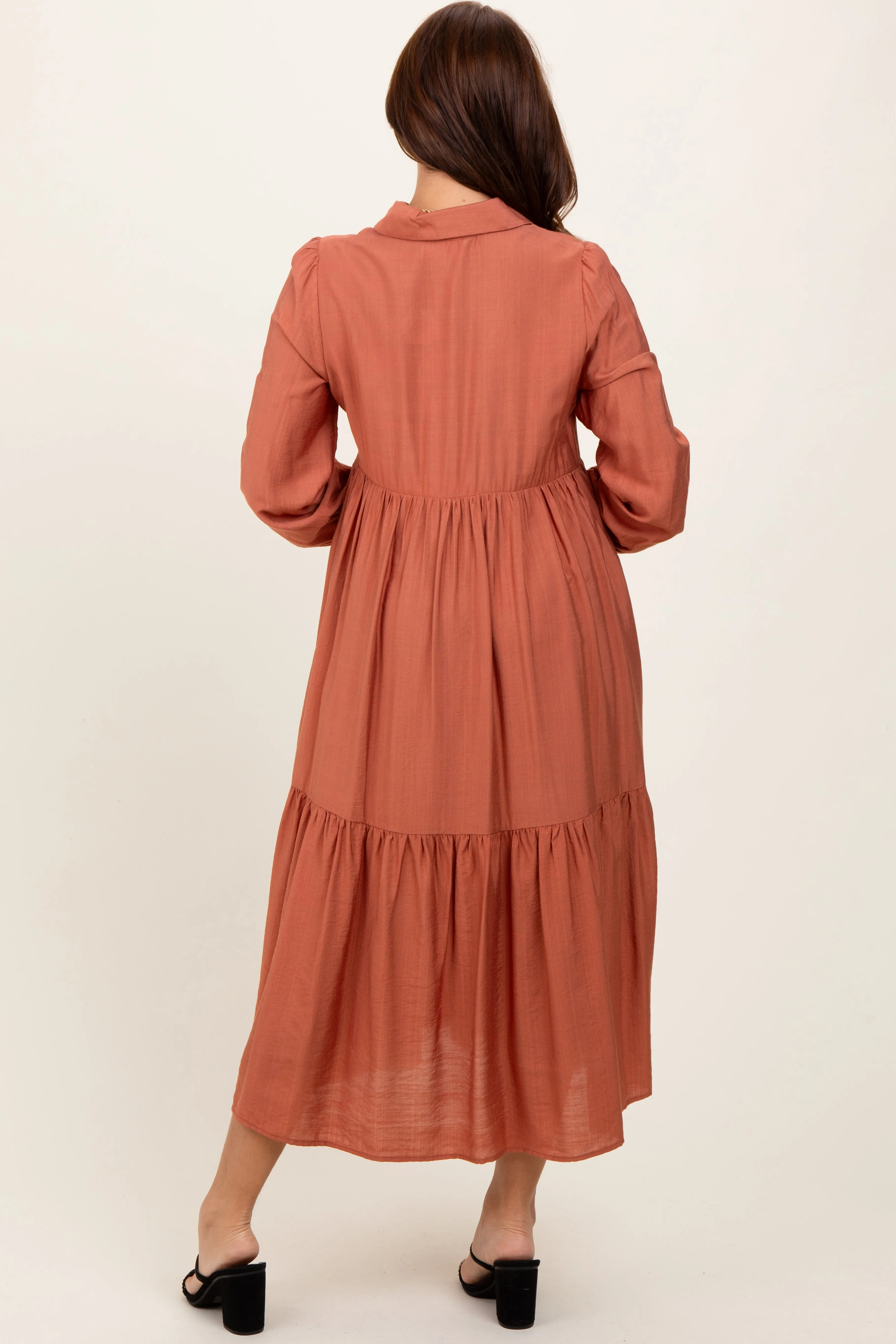 Rust Button Down Long Sleeve Midi Shirt Dress sold by Pinkblush product image thumbnail 3