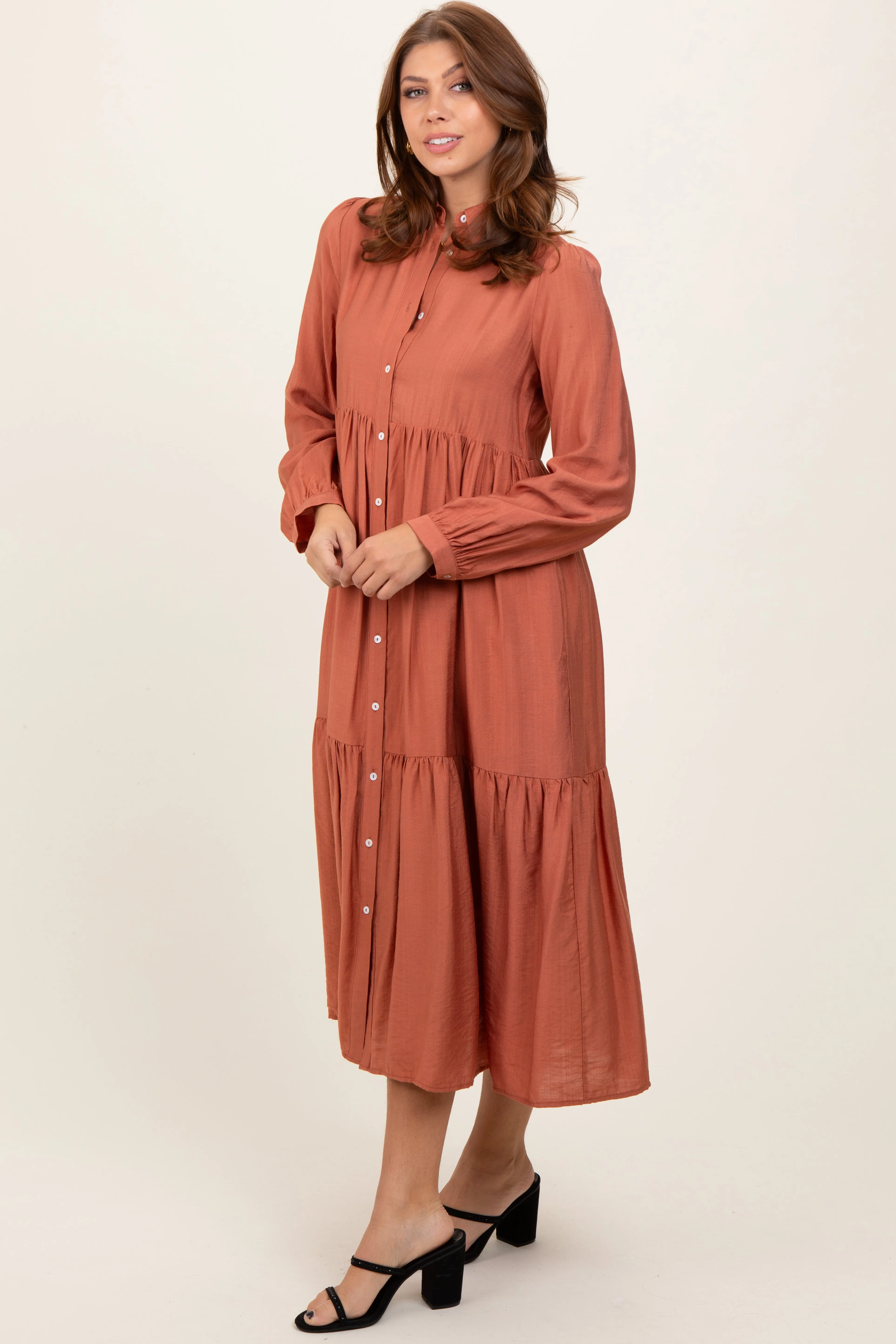 Rust Button Down Long Sleeve Midi Shirt Dress sold by Pinkblush product image thumbnail 2