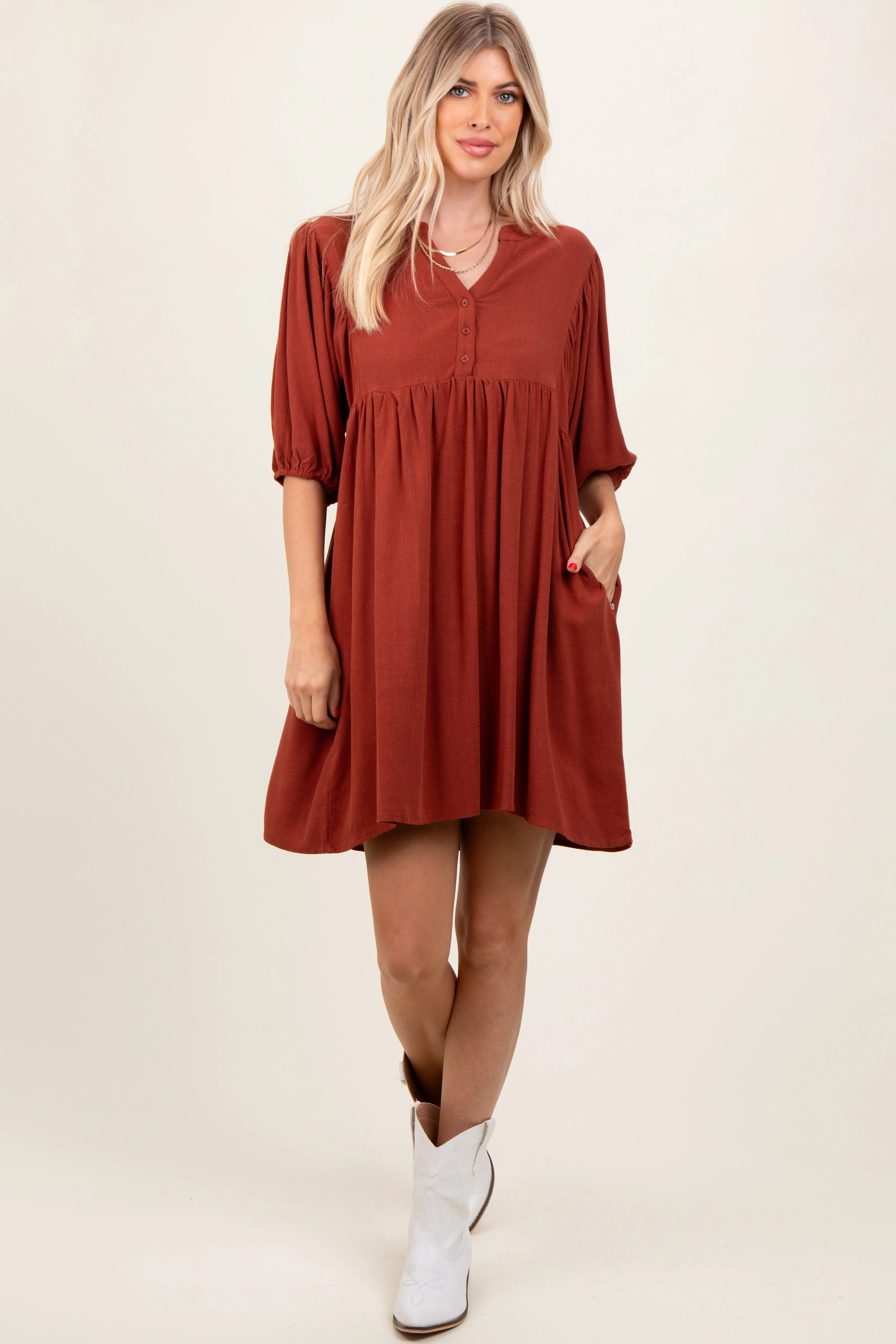 Rust Button Up Split Neck Dress sold by Pinkblush