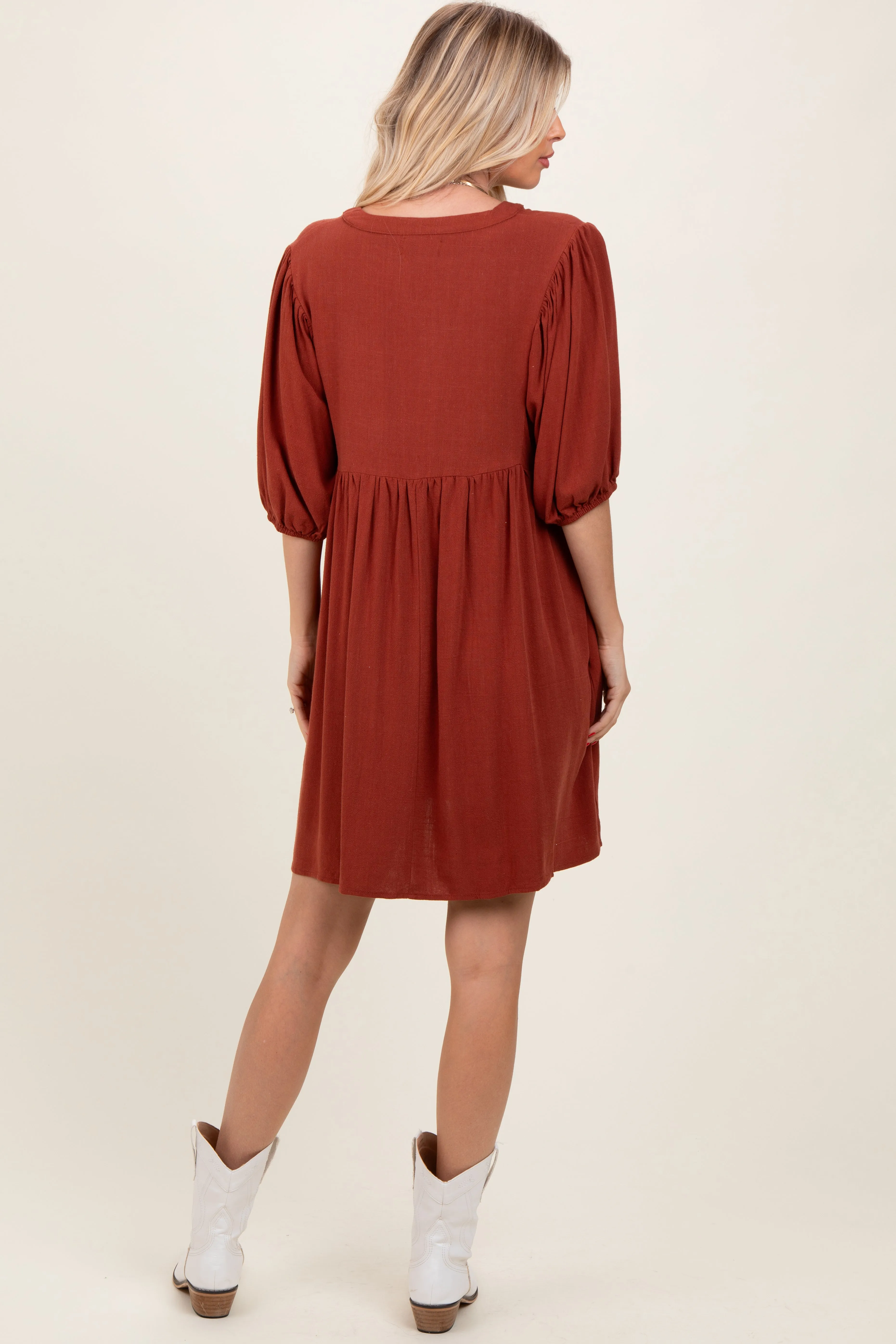 Rust Button Up Split Neck Dress sold by Pinkblush product image thumbnail 2