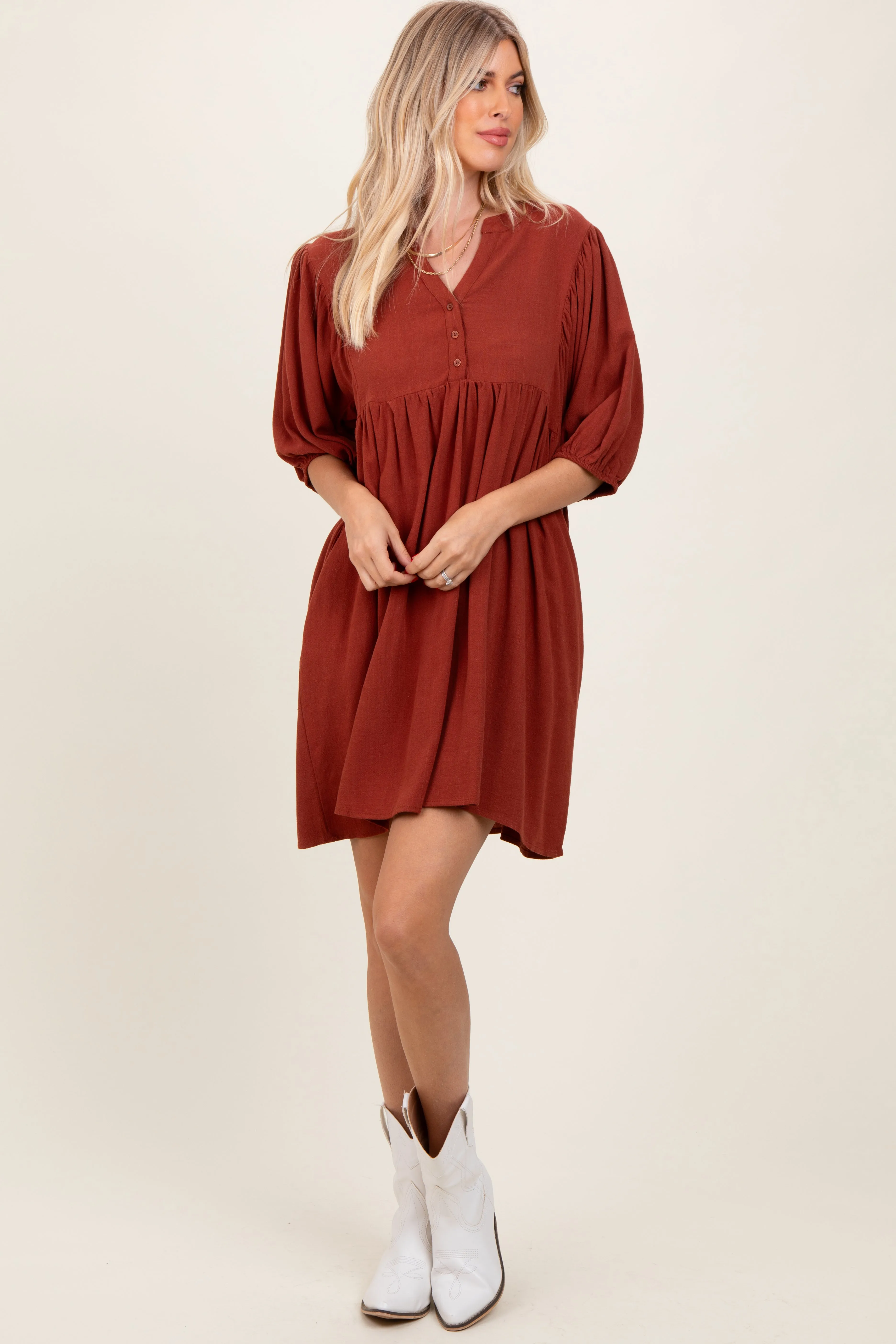Rust Button Up Split Neck Dress sold by Pinkblush product image thumbnail 3