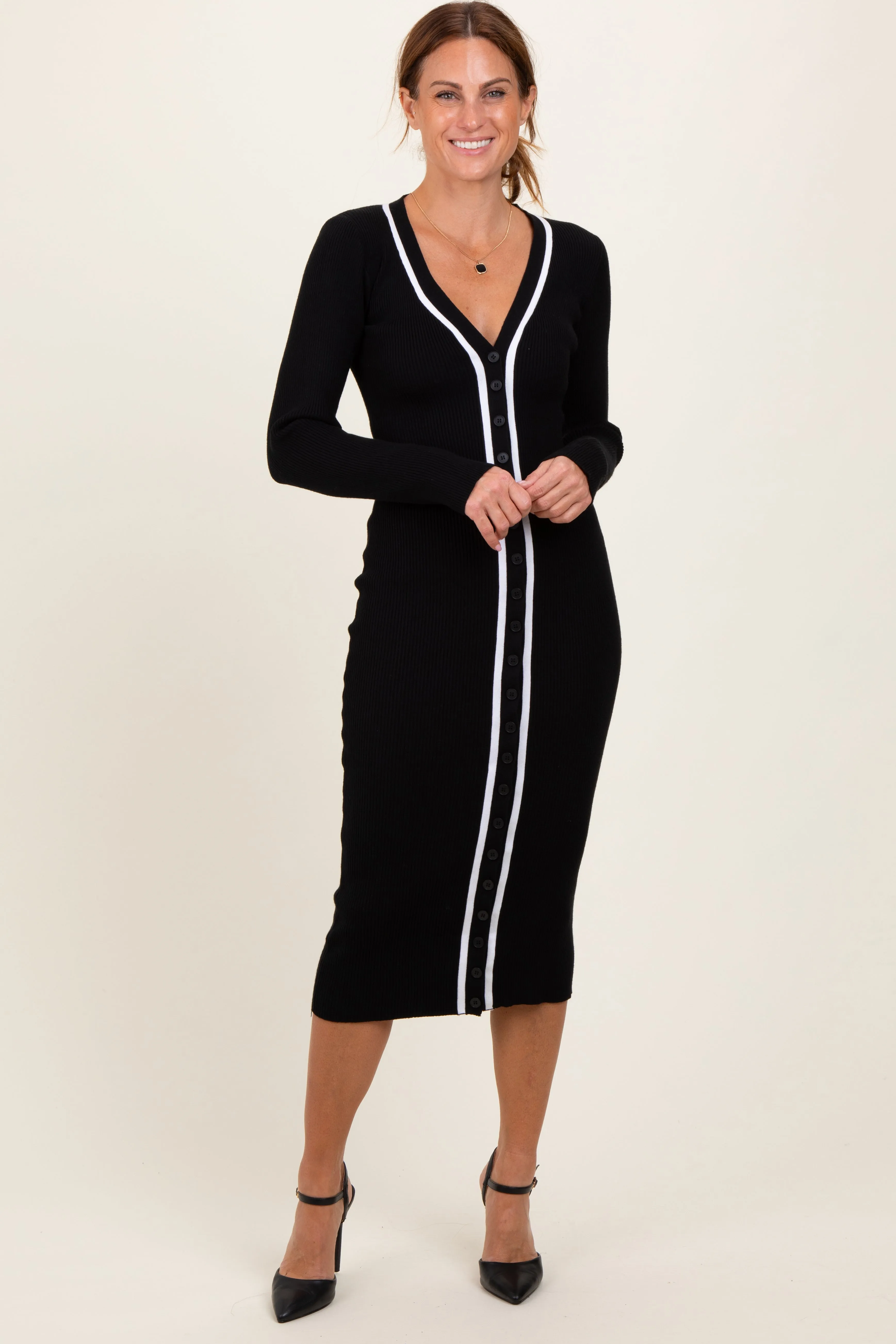 Black Knit Contrast Stripe Button Down Dress sold by Pinkblush product image thumbnail 2