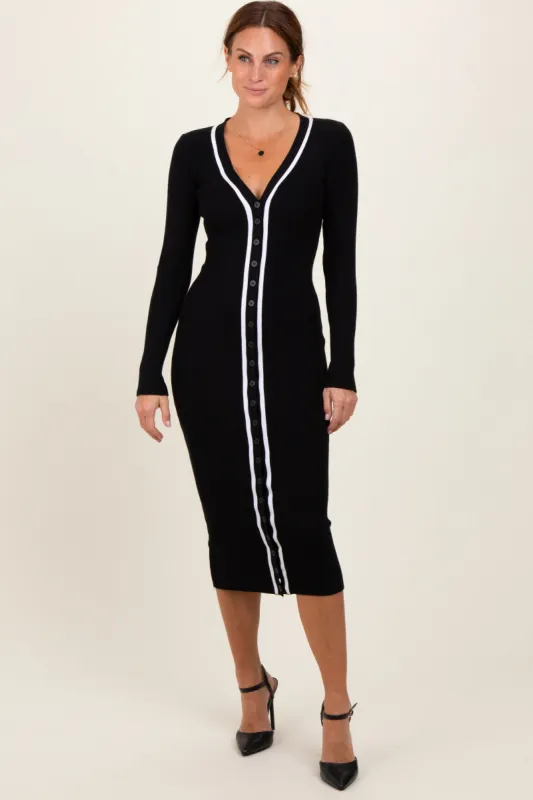 Black Knit Contrast Stripe Button Down Dress sold by Pinkblush