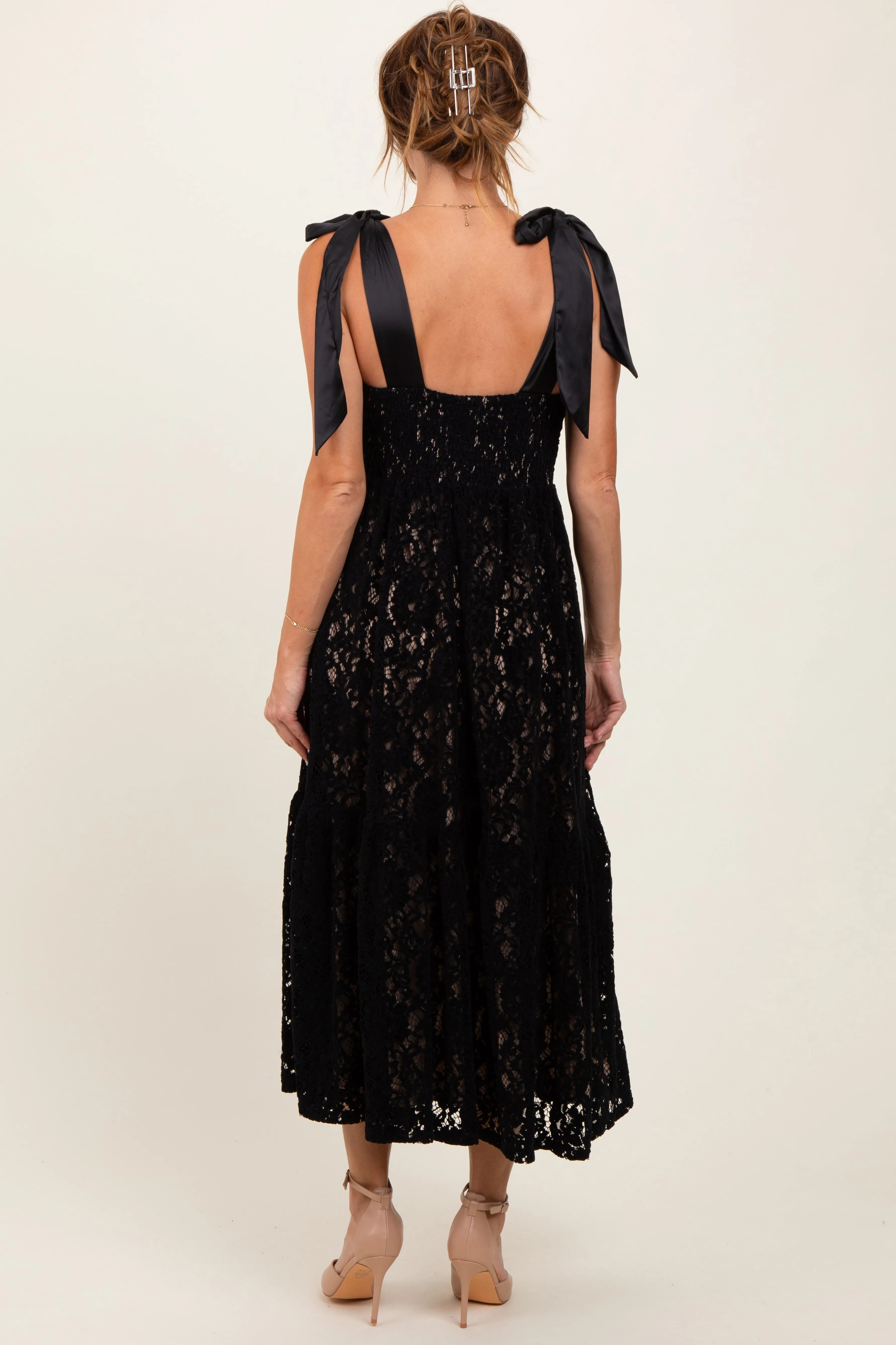 Black Velvet Lace Shoulder Bow Maxi Dress sold by Pinkblush product image thumbnail 4