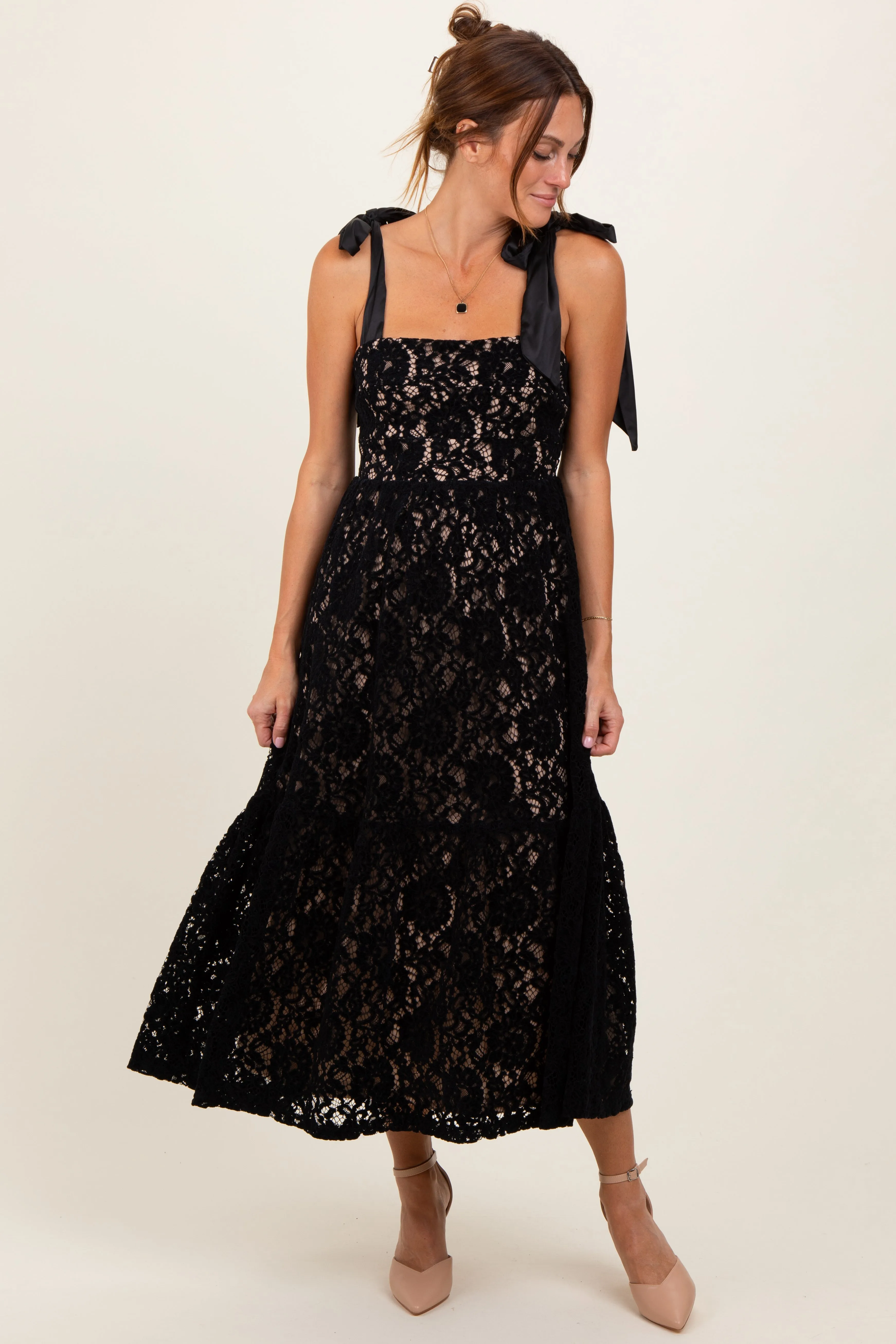 Black Velvet Lace Shoulder Bow Maxi Dress sold by Pinkblush