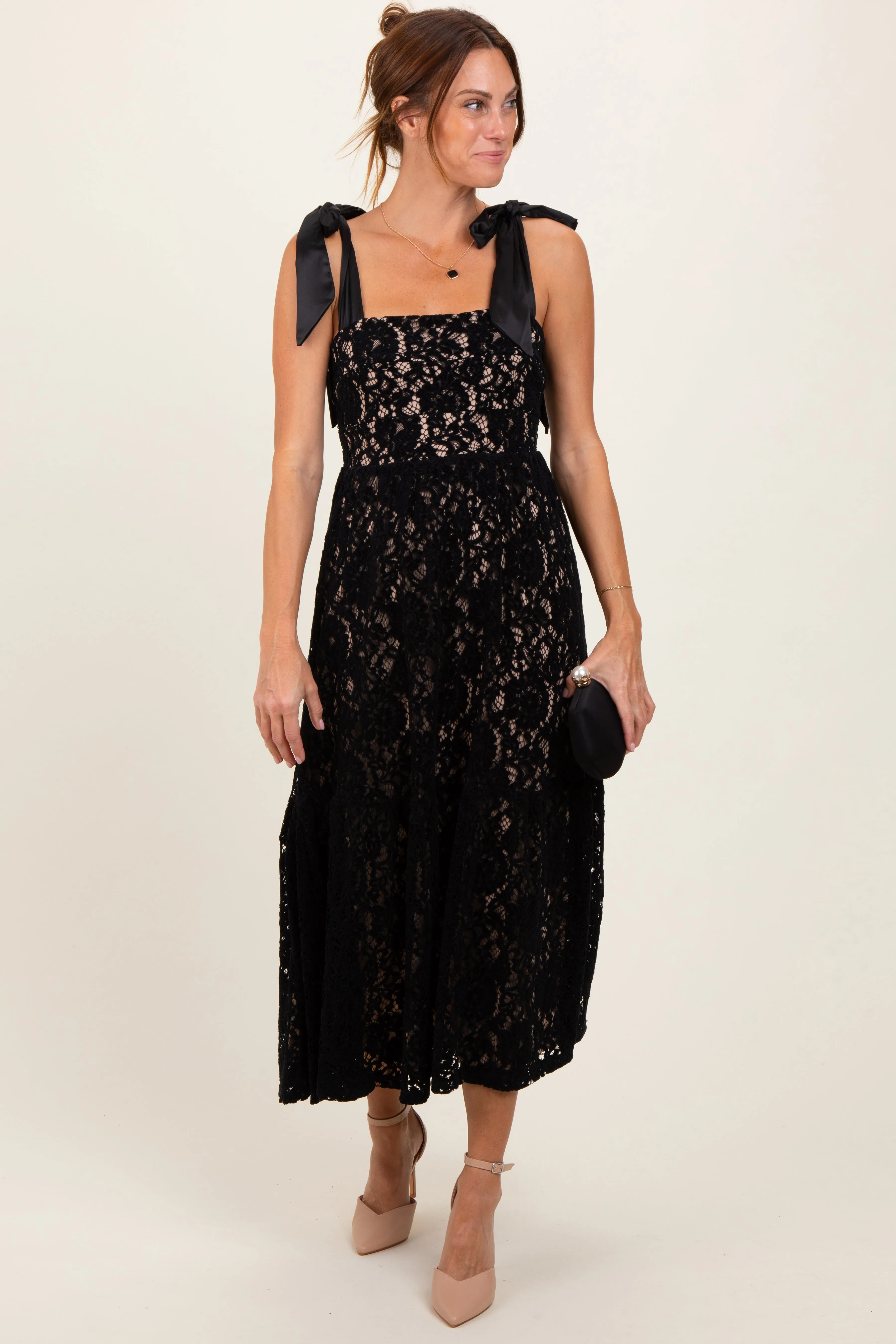 Black Velvet Lace Shoulder Bow Maxi Dress sold by Pinkblush product image thumbnail 2