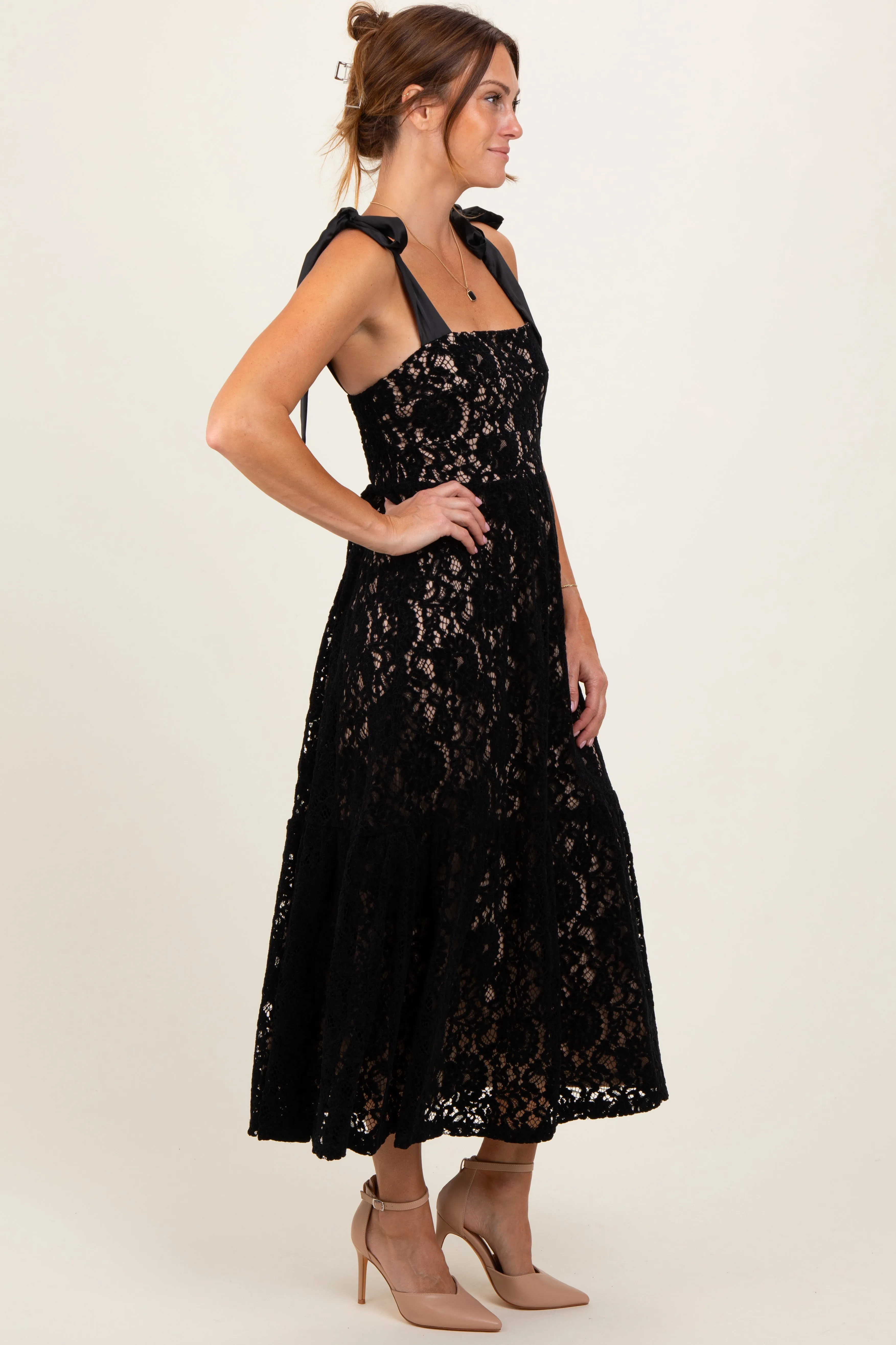 Black Velvet Lace Shoulder Bow Maxi Dress sold by Pinkblush product image thumbnail 3
