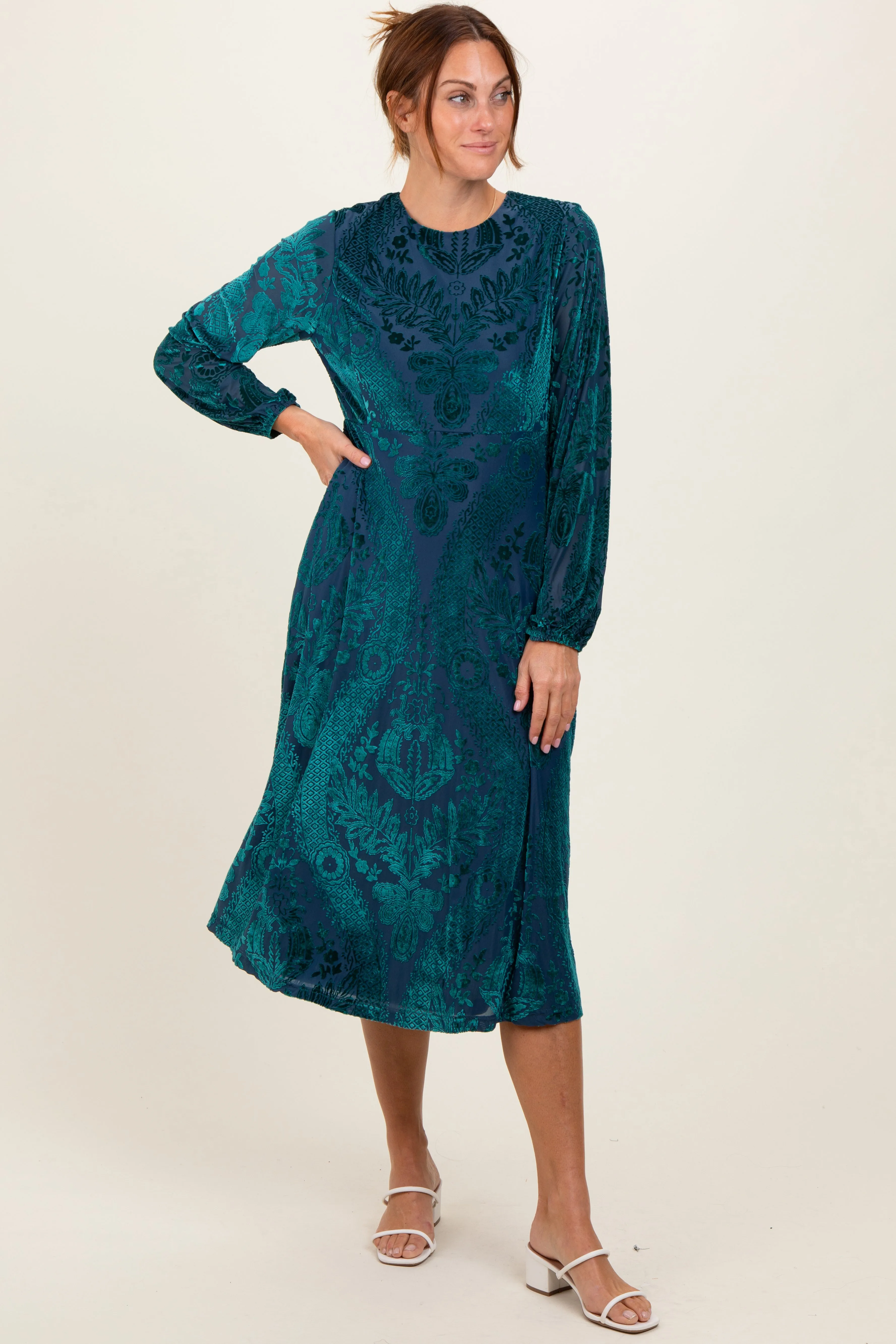Forest Green Velvet Damask Midi Dress sold by Pinkblush
