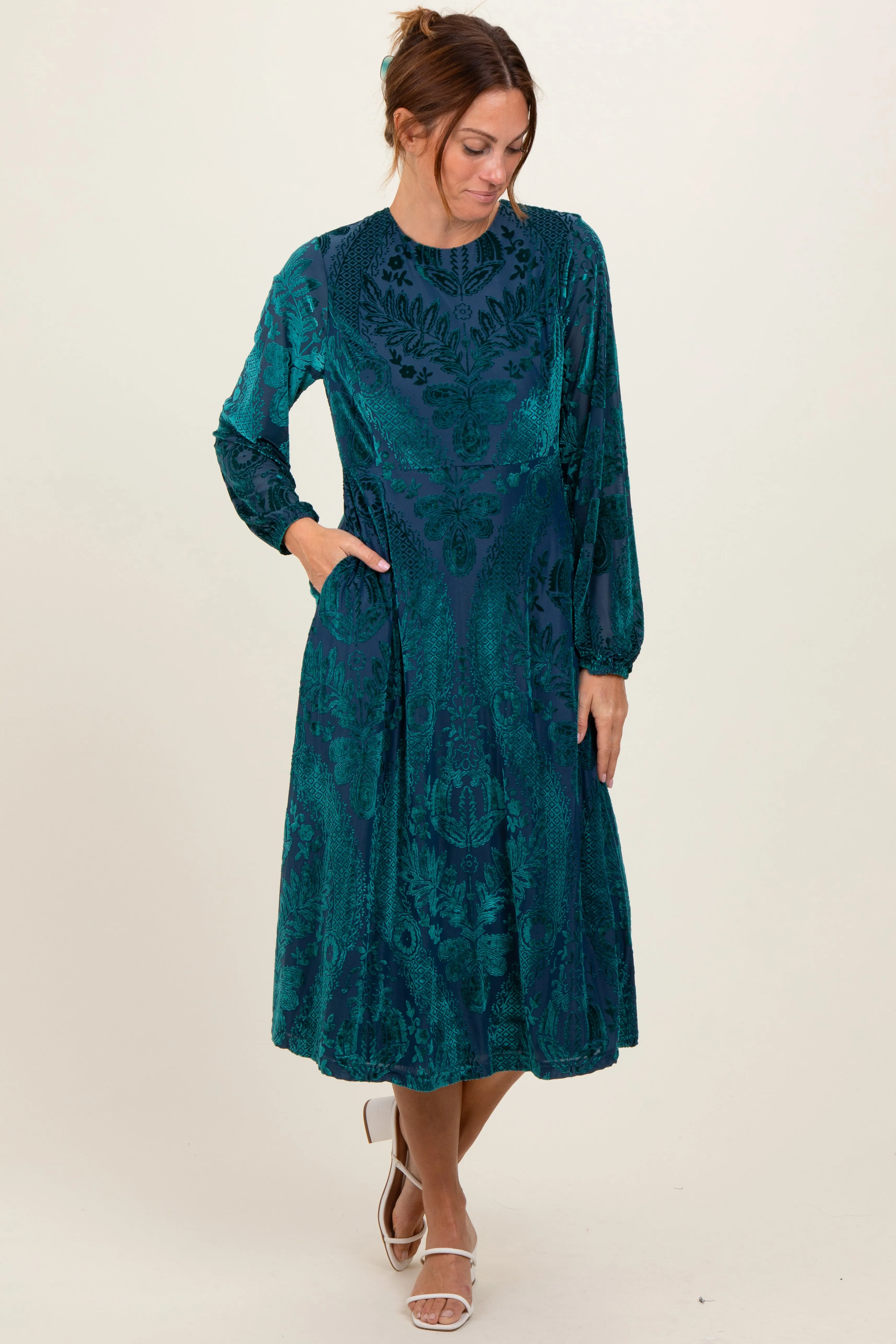 Forest Green Velvet Damask Midi Dress sold by Pinkblush product image thumbnail 2