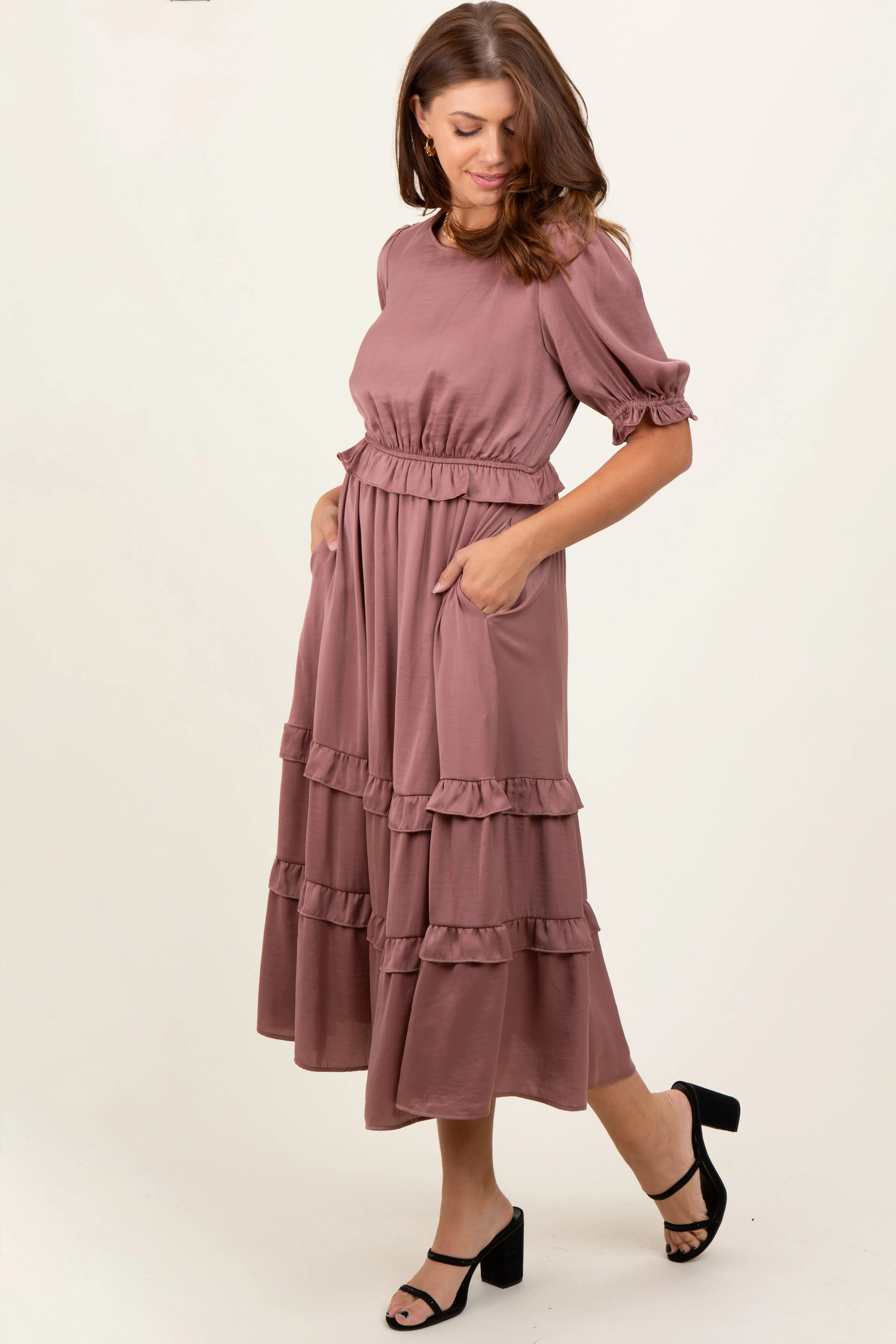 Mauve Satin Ruffle Trim Midi Dress sold by Pinkblush product image thumbnail 2
