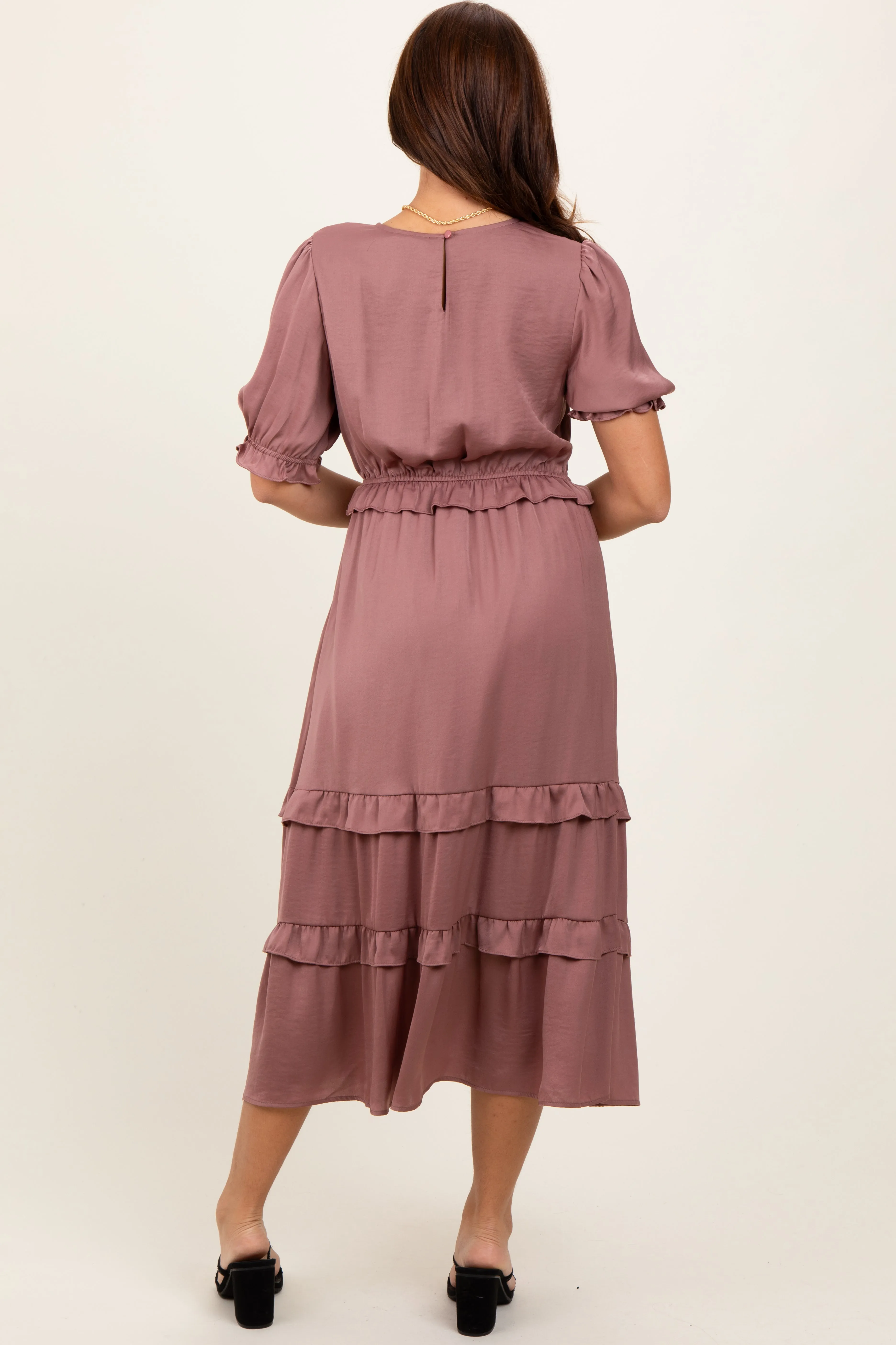 Mauve Satin Ruffle Trim Midi Dress sold by Pinkblush product image thumbnail 3