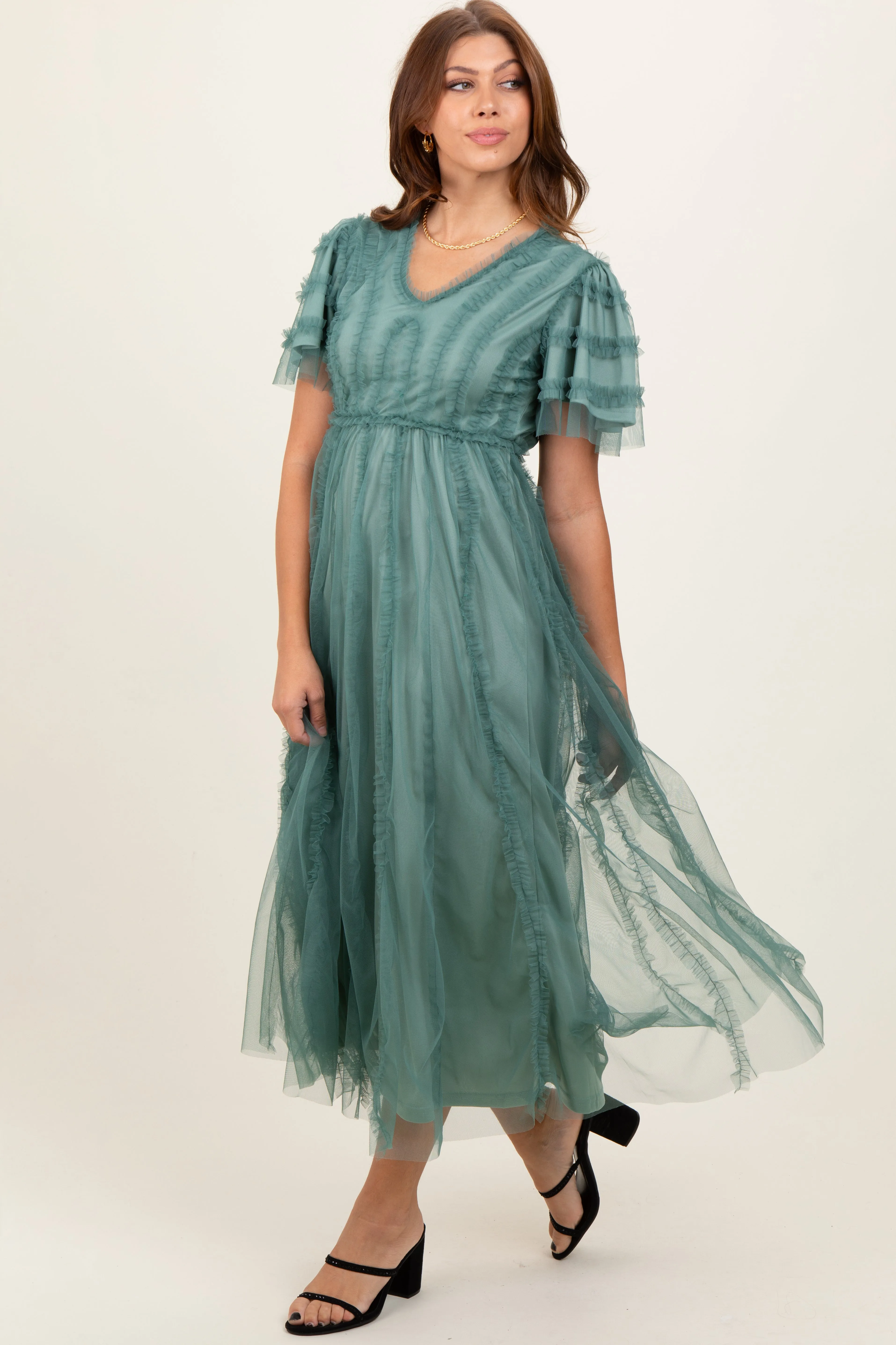 Teal Ruffle Accent Mesh Overlay Maxi Dress sold by Pinkblush product image thumbnail 2