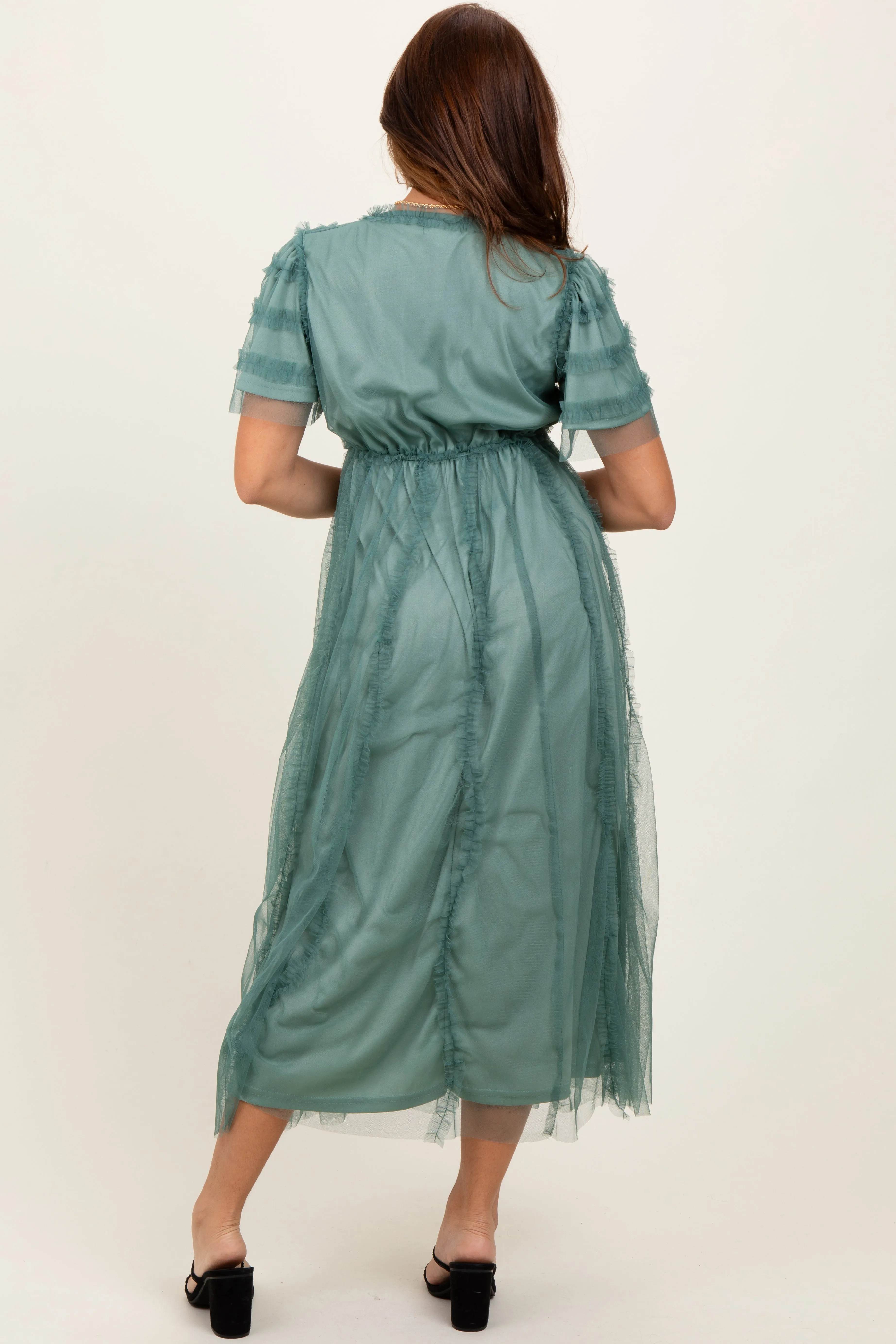 Teal Ruffle Accent Mesh Overlay Maxi Dress sold by Pinkblush product image thumbnail 3