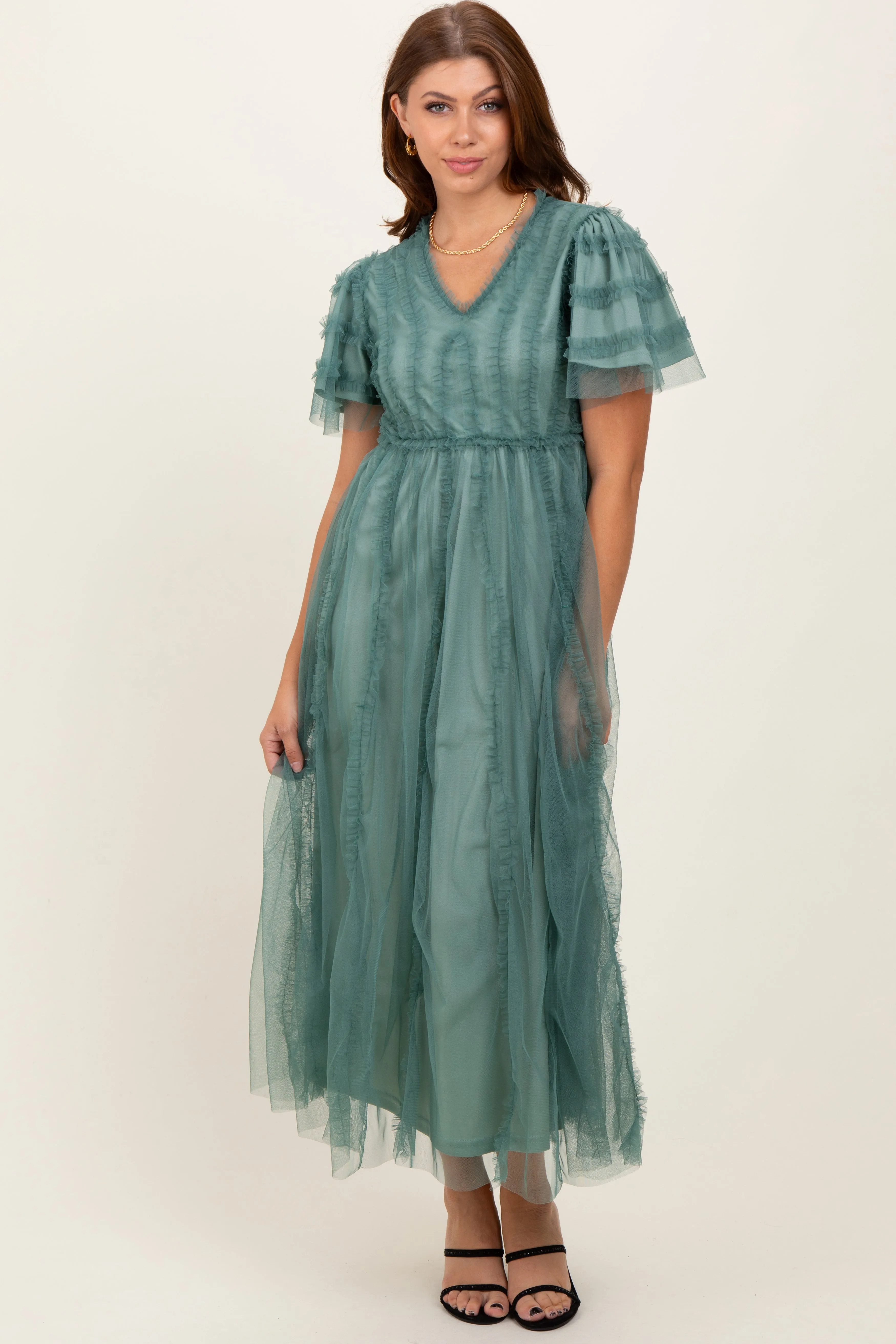 Teal Ruffle Accent Mesh Overlay Maxi Dress sold by Pinkblush