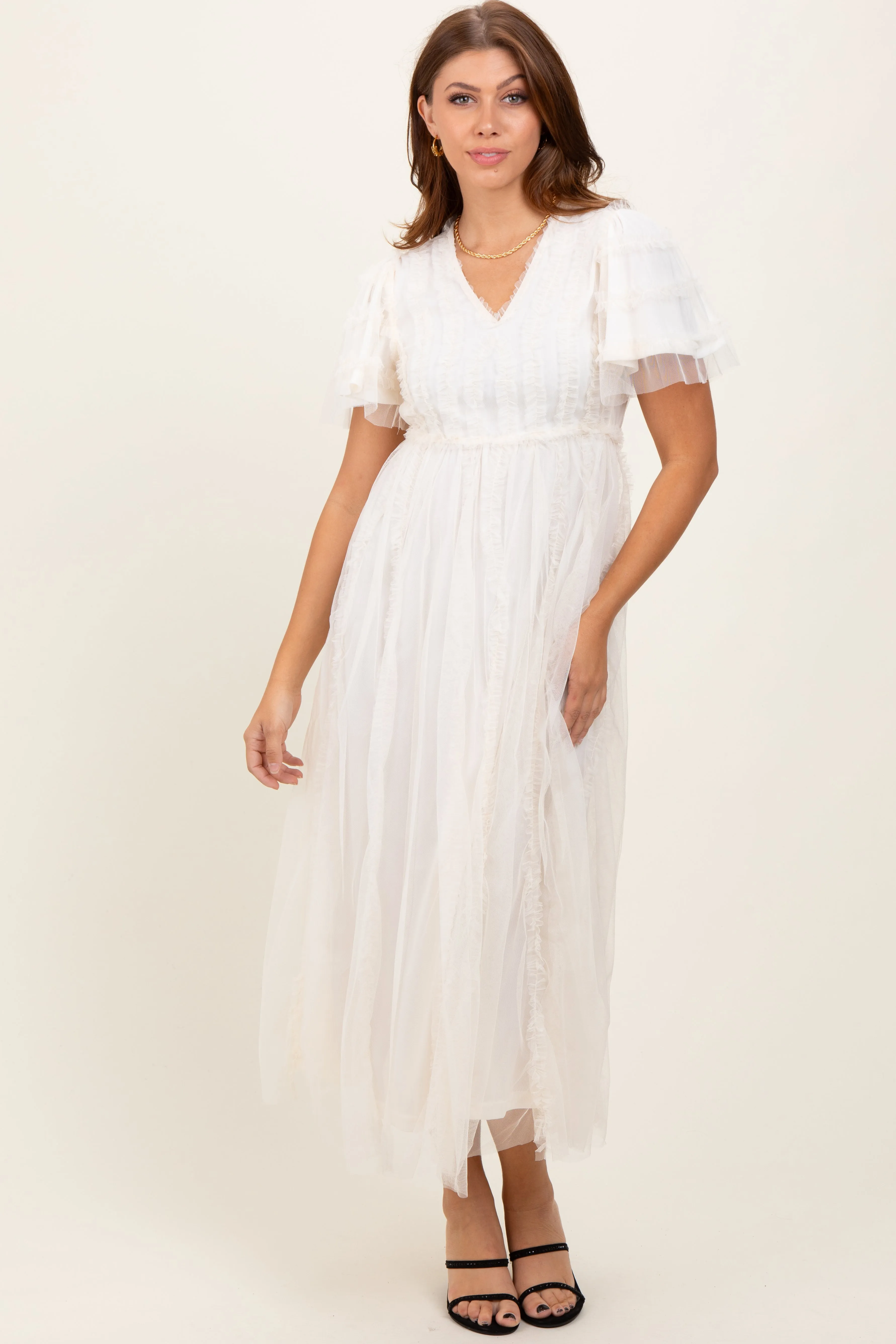 Cream Ruffle Accent Mesh Overlay Maxi Dress sold by Pinkblush product image thumbnail 3