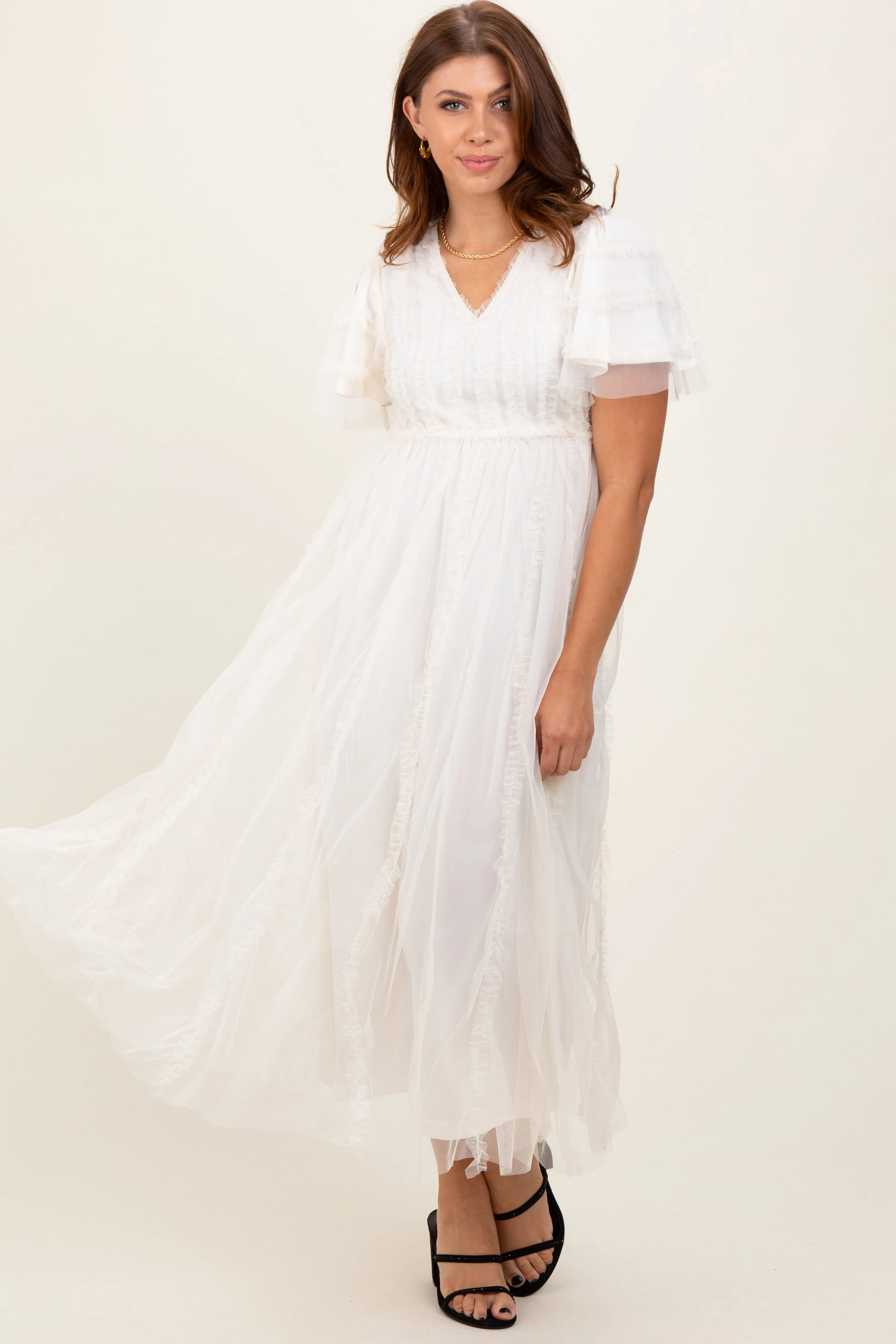 Cream Ruffle Accent Mesh Overlay Maxi Dress sold by Pinkblush product image thumbnail 2