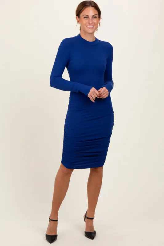 Royal Blue Ribbed Mock Neck Ruched Long Sleeve Dress sold by Pinkblush