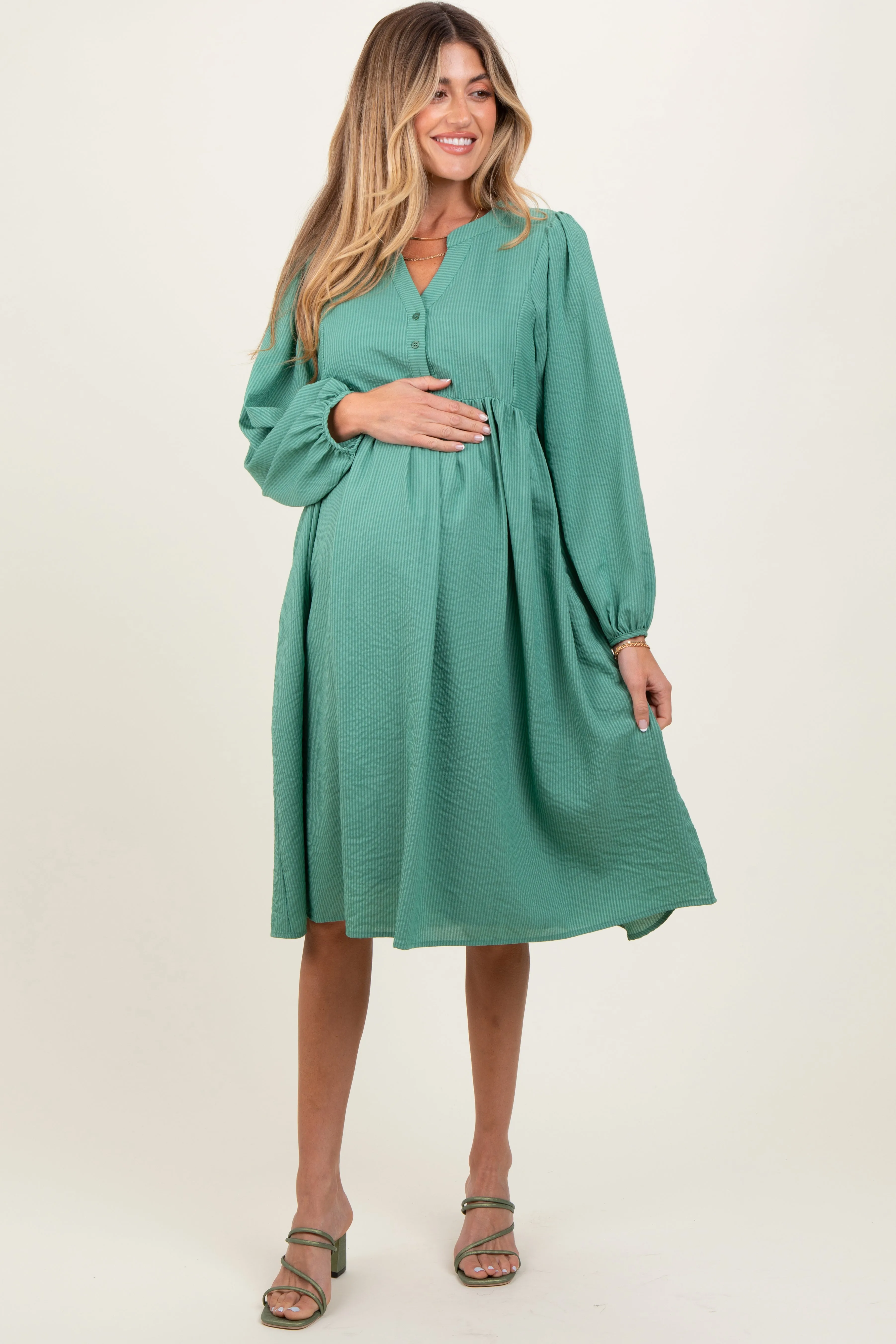 Mint Green Pin Stripe Split Neckline Maternity Midi Dress sold by Pinkblush