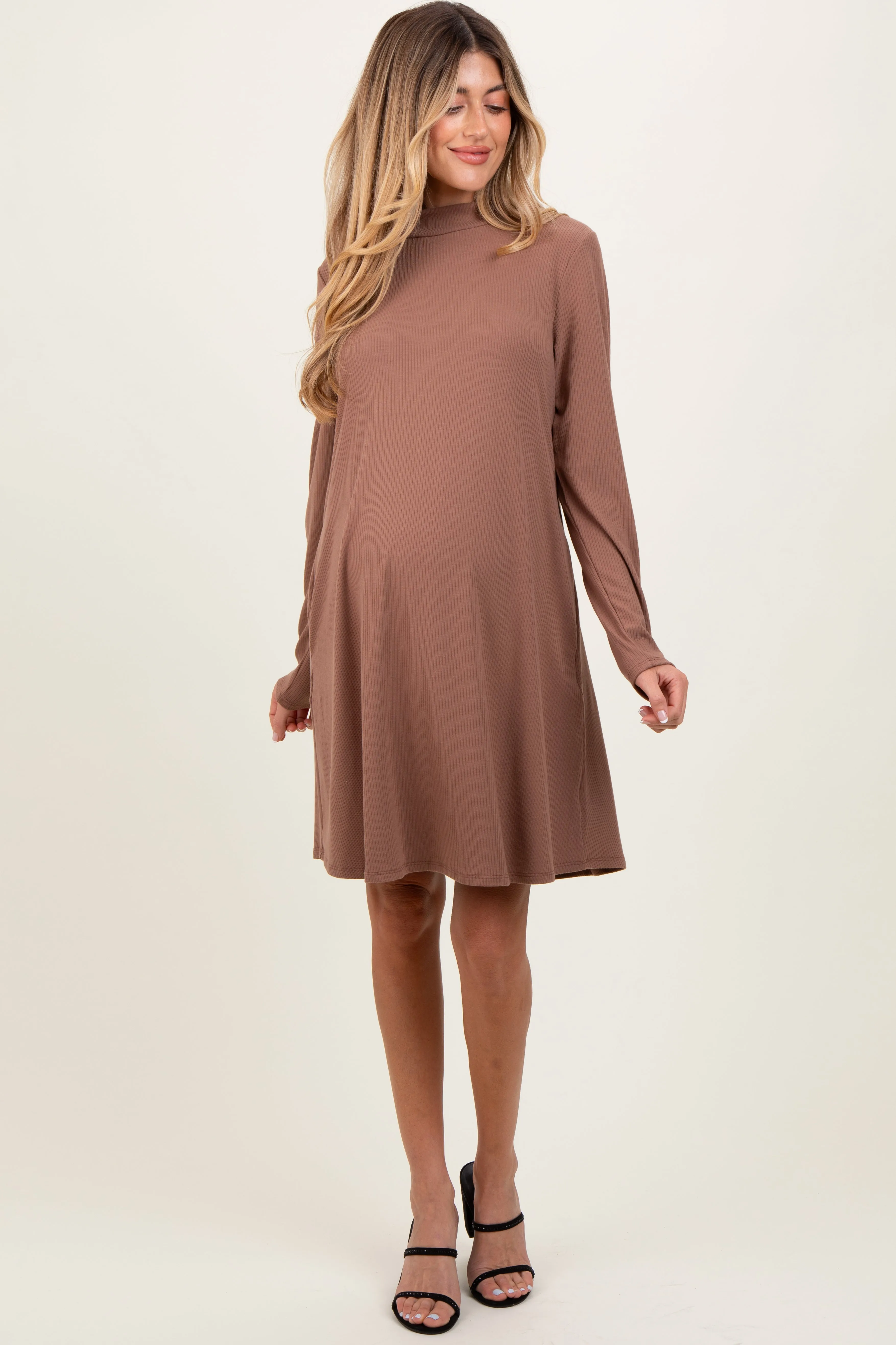 Mocha Ribbed Mock Neck Long Sleeve Basic Maternity Dress sold by Pinkblush