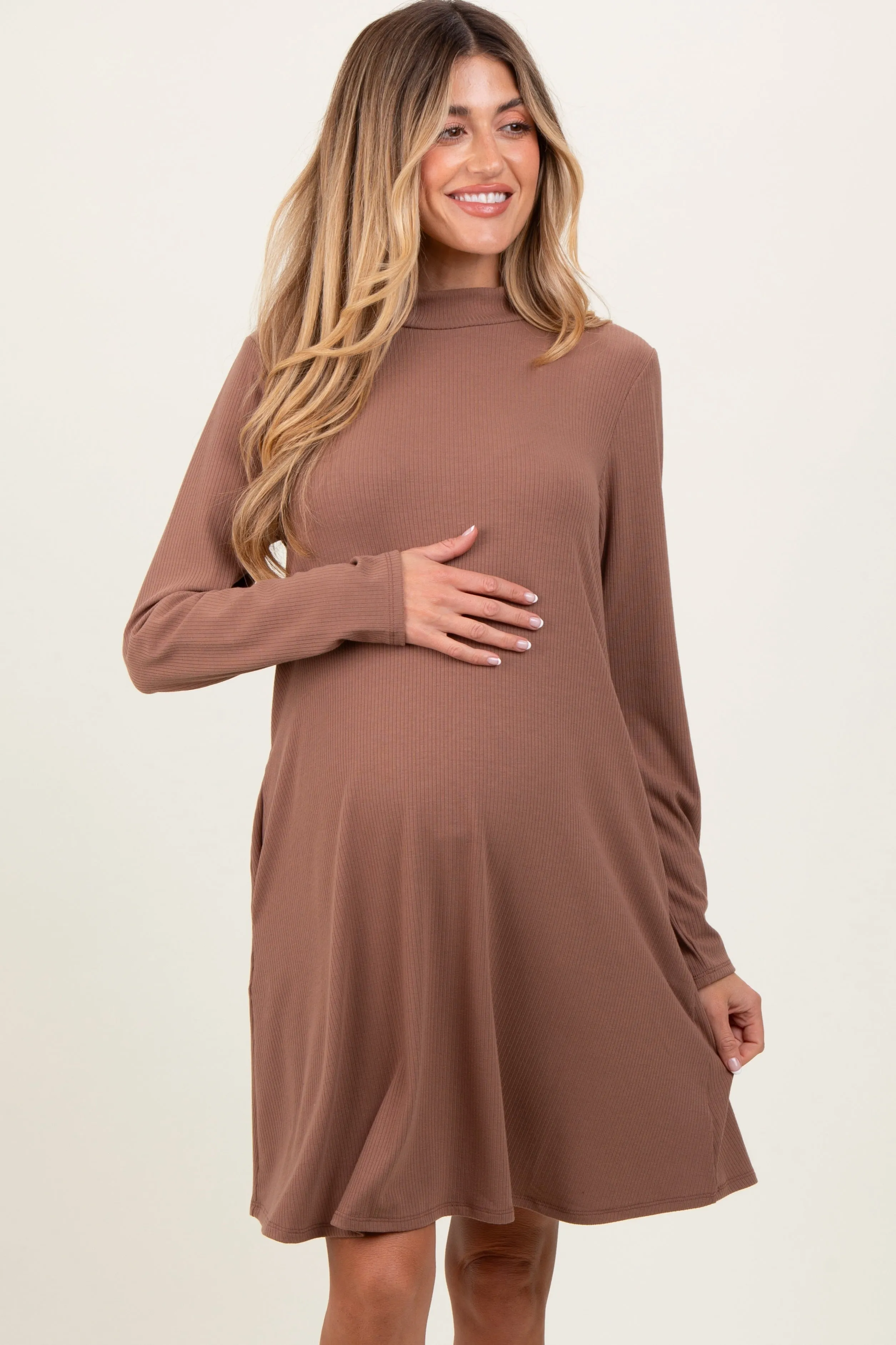 Mocha Ribbed Mock Neck Long Sleeve Basic Maternity Dress sold by Pinkblush product image thumbnail 2