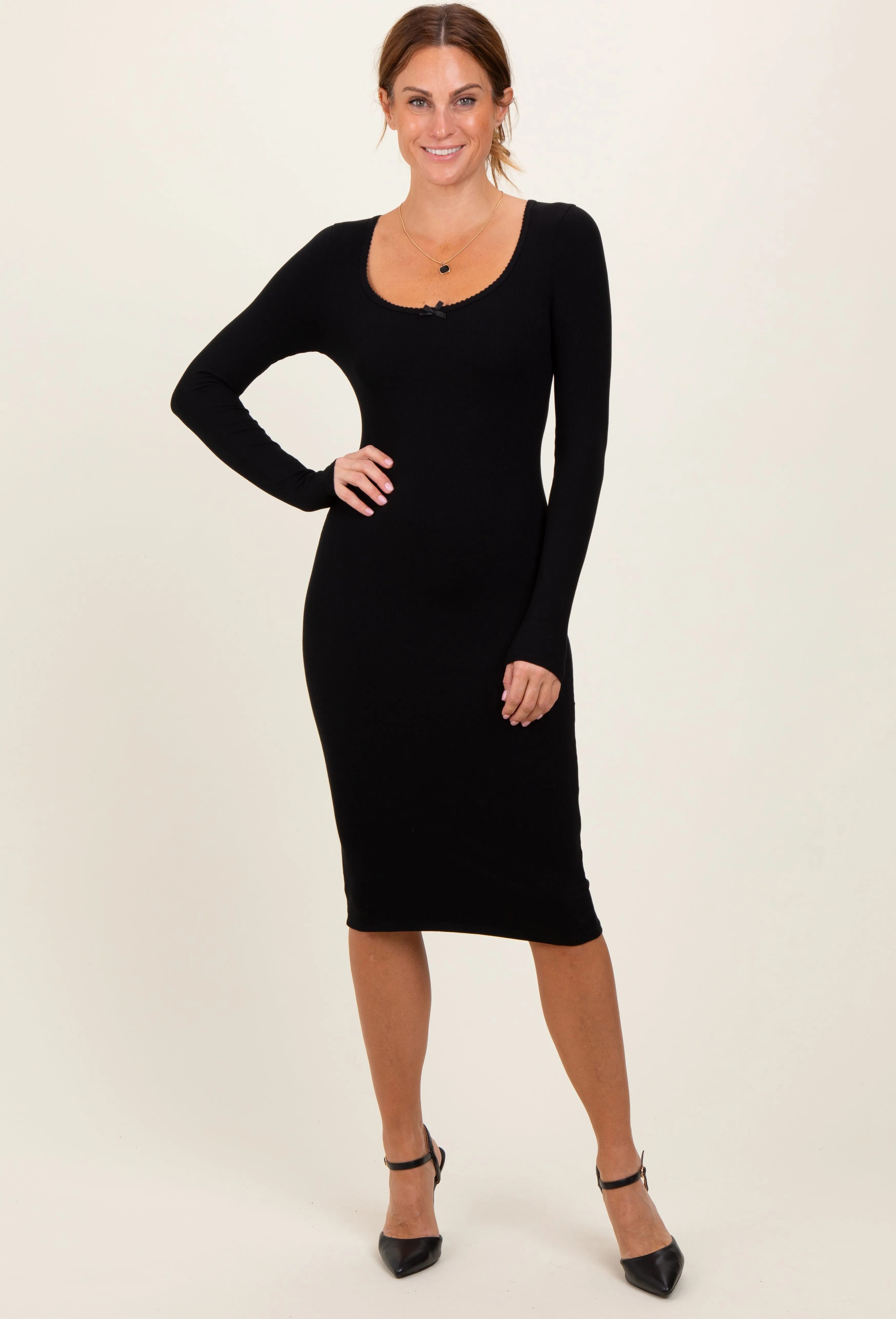 Black Bow Trim Neckline Long Sleeve Maternity Midi Dress sold by Pinkblush product image thumbnail 4