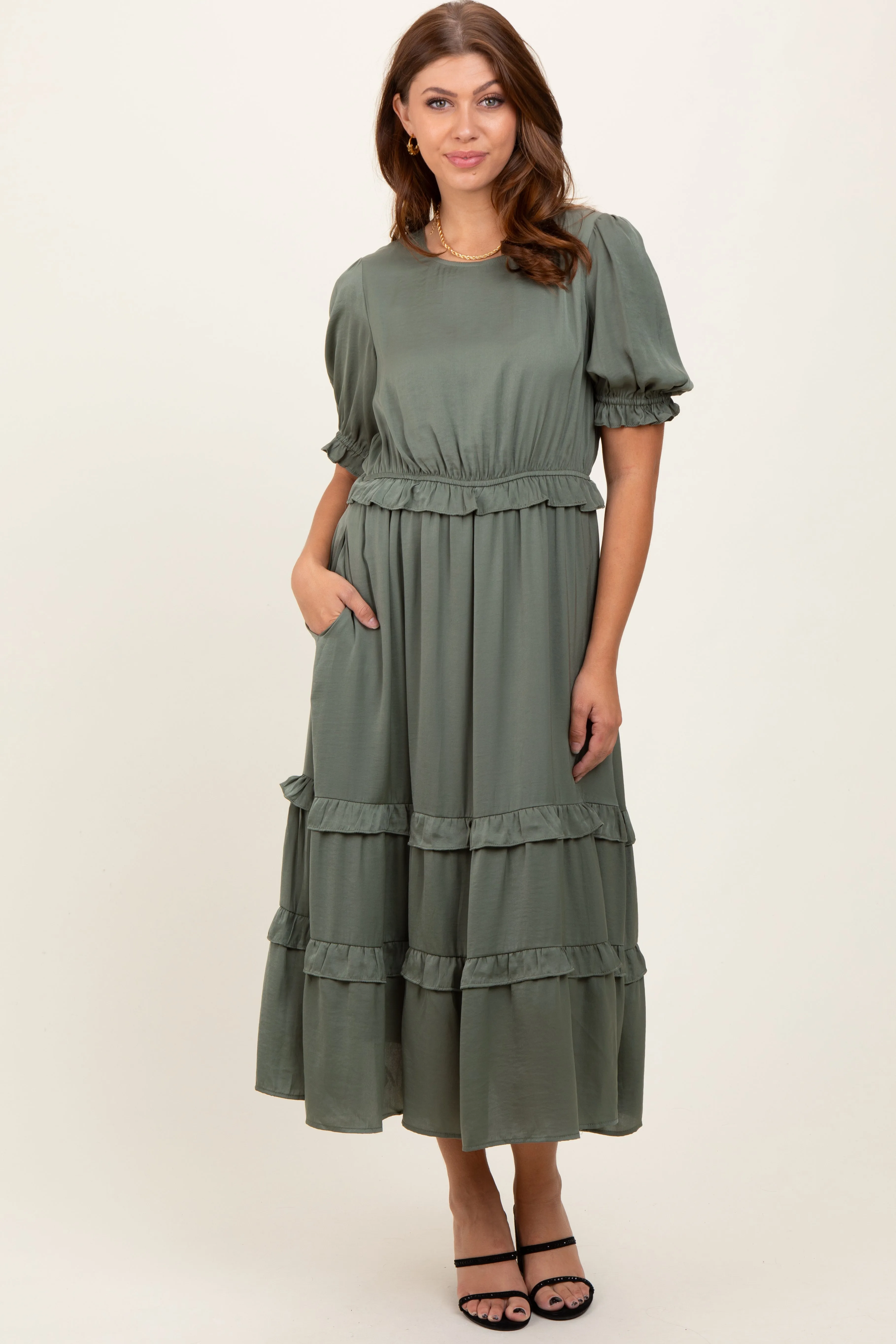 Olive Satin Ruffle Trim Maternity Midi Dress sold by Pinkblush product image thumbnail 3