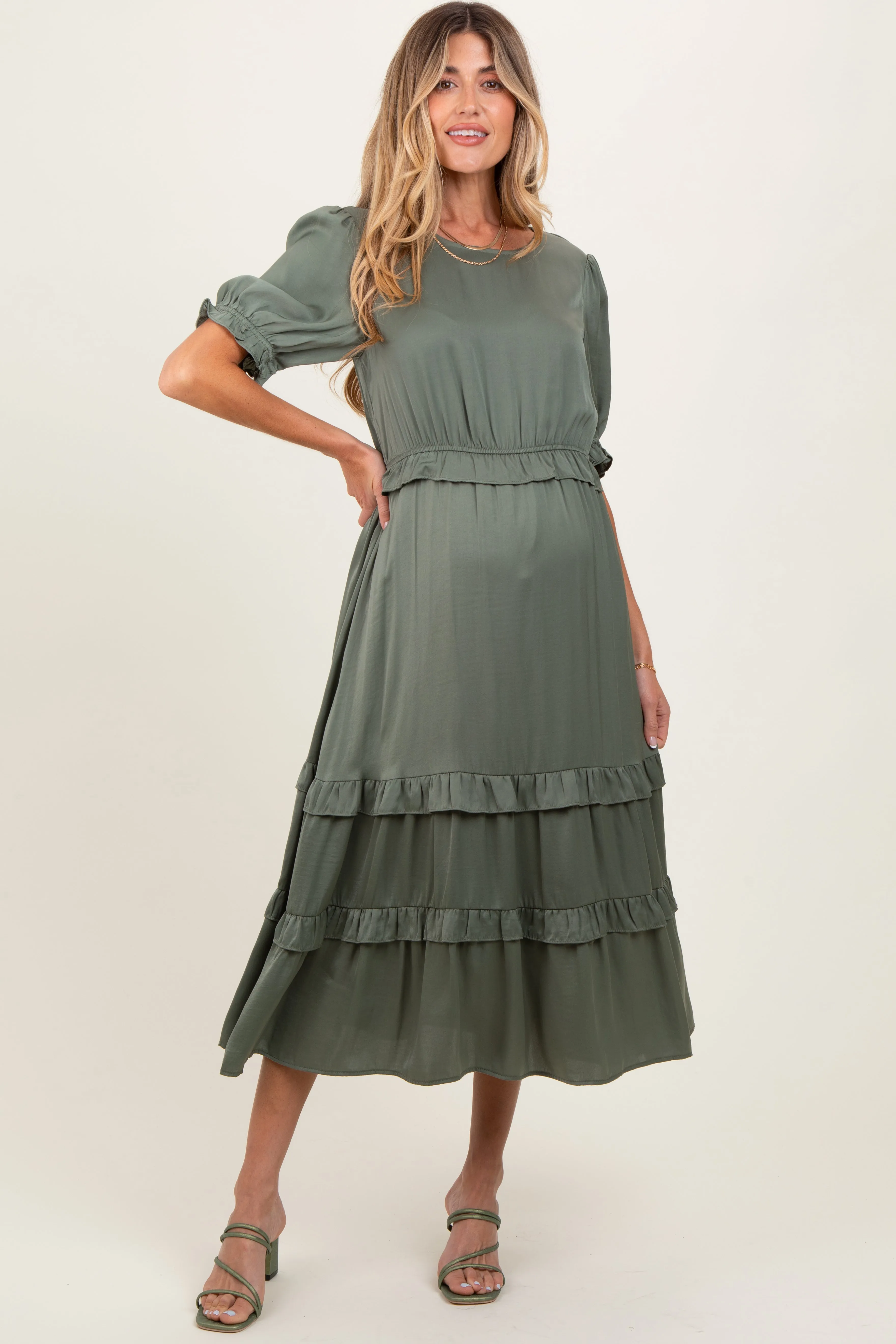 Olive Satin Ruffle Trim Maternity Midi Dress sold by Pinkblush