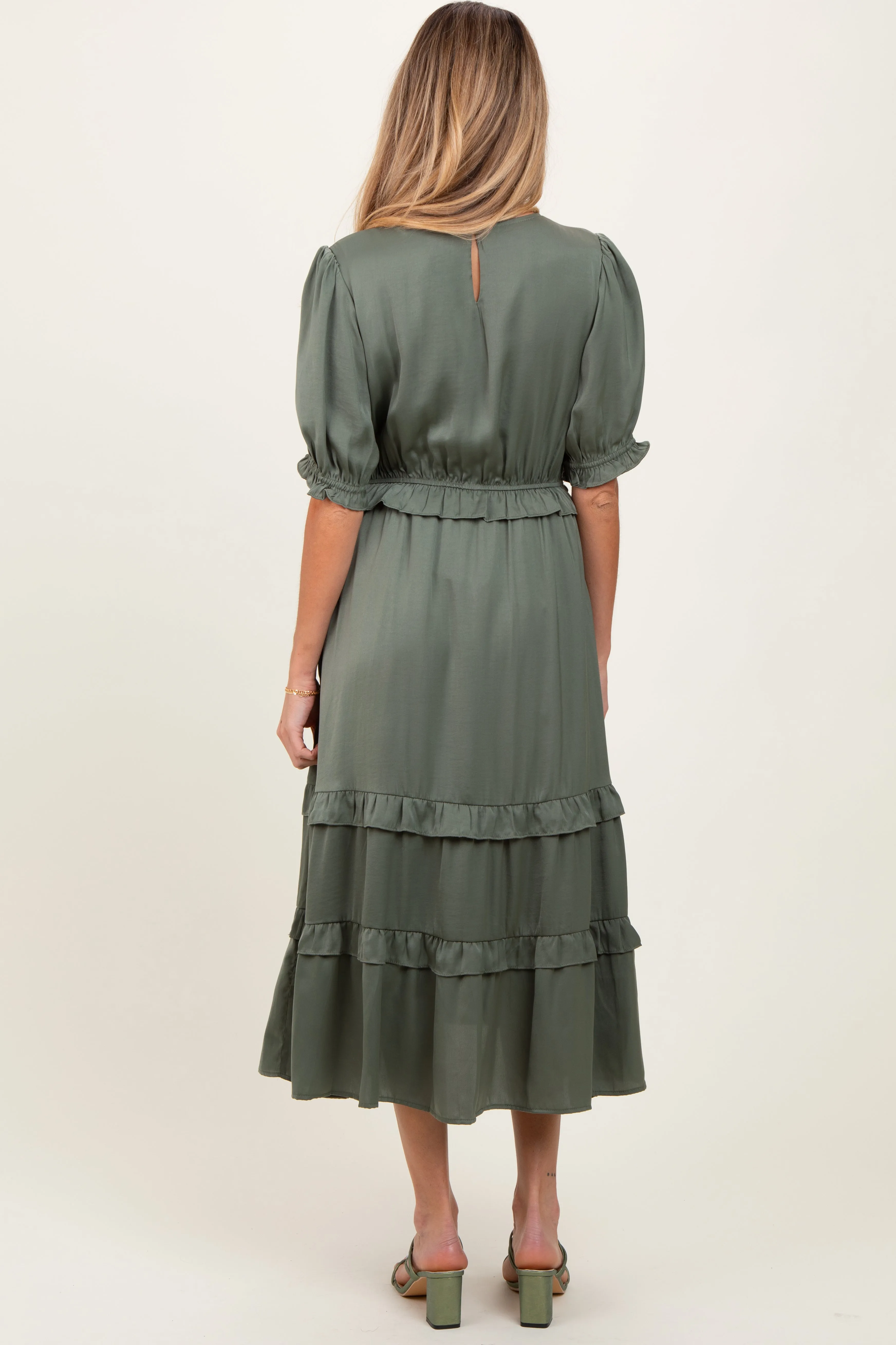 Olive Satin Ruffle Trim Maternity Midi Dress sold by Pinkblush product image thumbnail 2