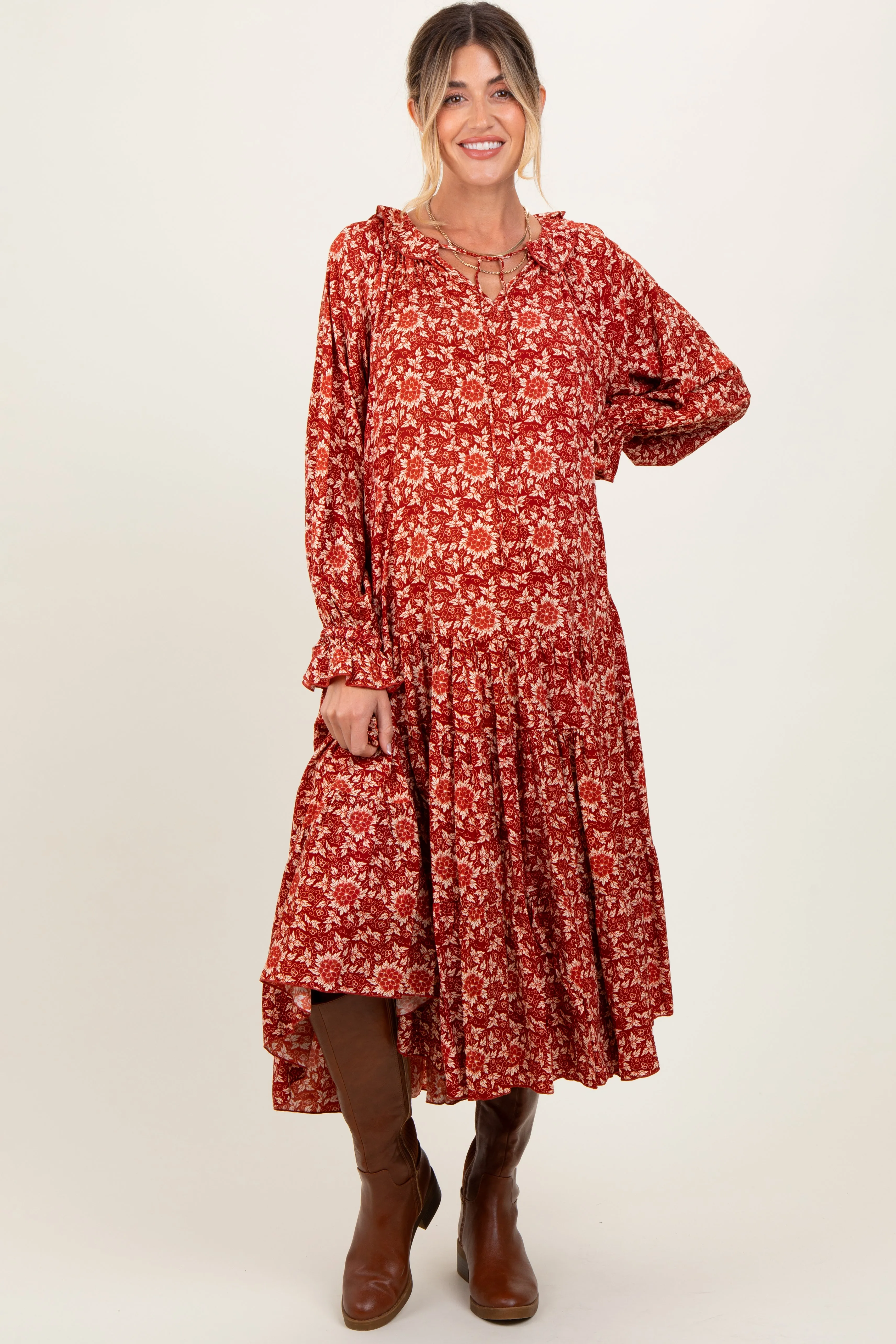 Burgundy Floral Tie Neckline Tiered Maternity Maxi Dress sold by Pinkblush