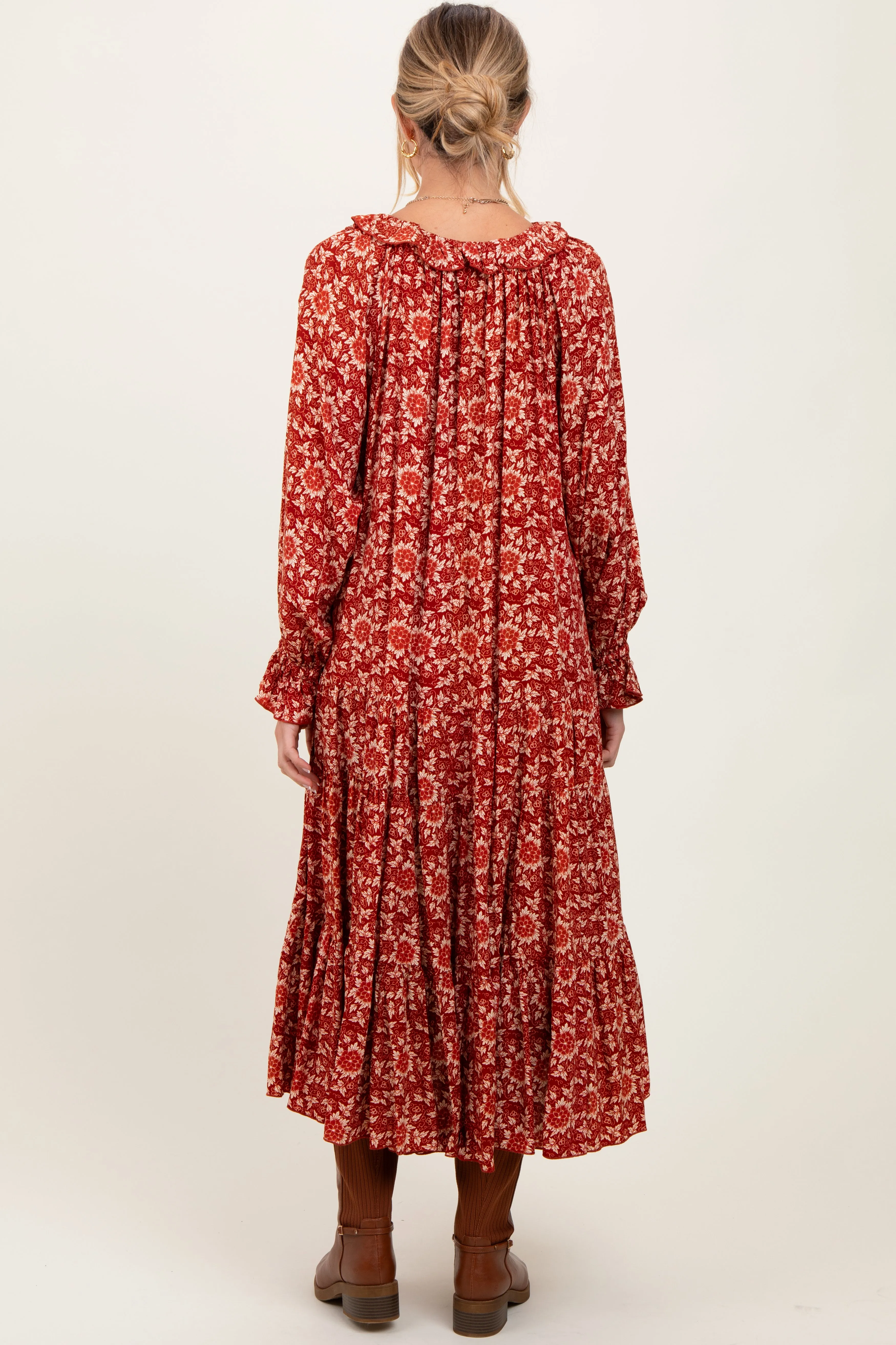 Burgundy Floral Tie Neckline Tiered Maternity Maxi Dress sold by Pinkblush product image thumbnail 2