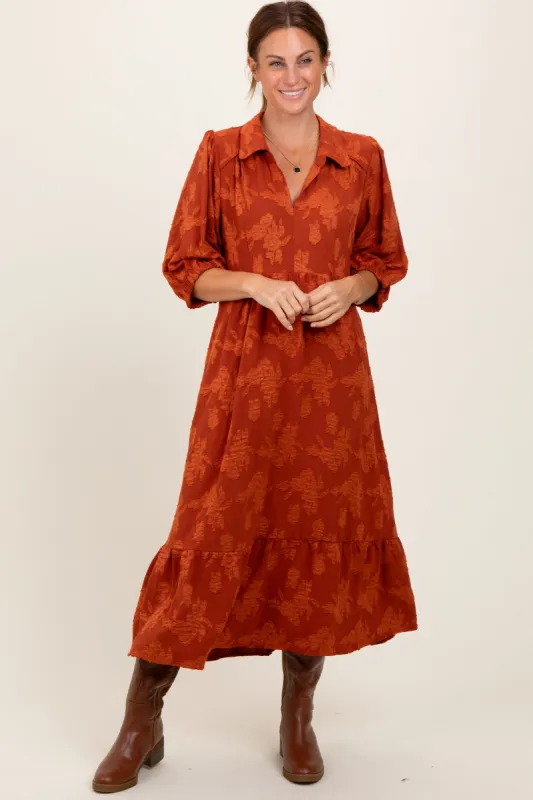 Dark Orange Floral Applique Collared Midi Dress sold by Pinkblush
