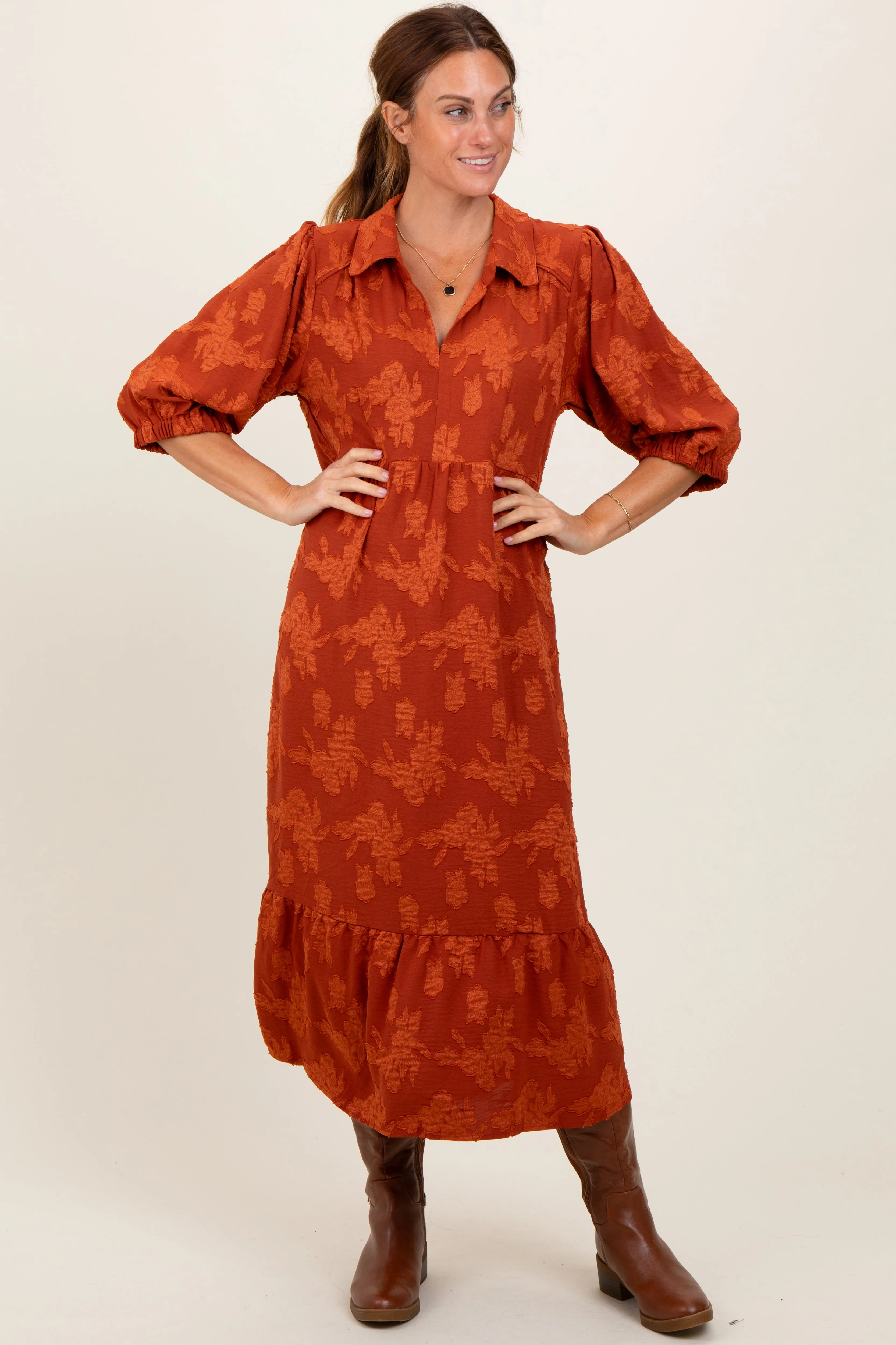 Dark Orange Floral Applique Collared Midi Dress sold by Pinkblush product image thumbnail 2