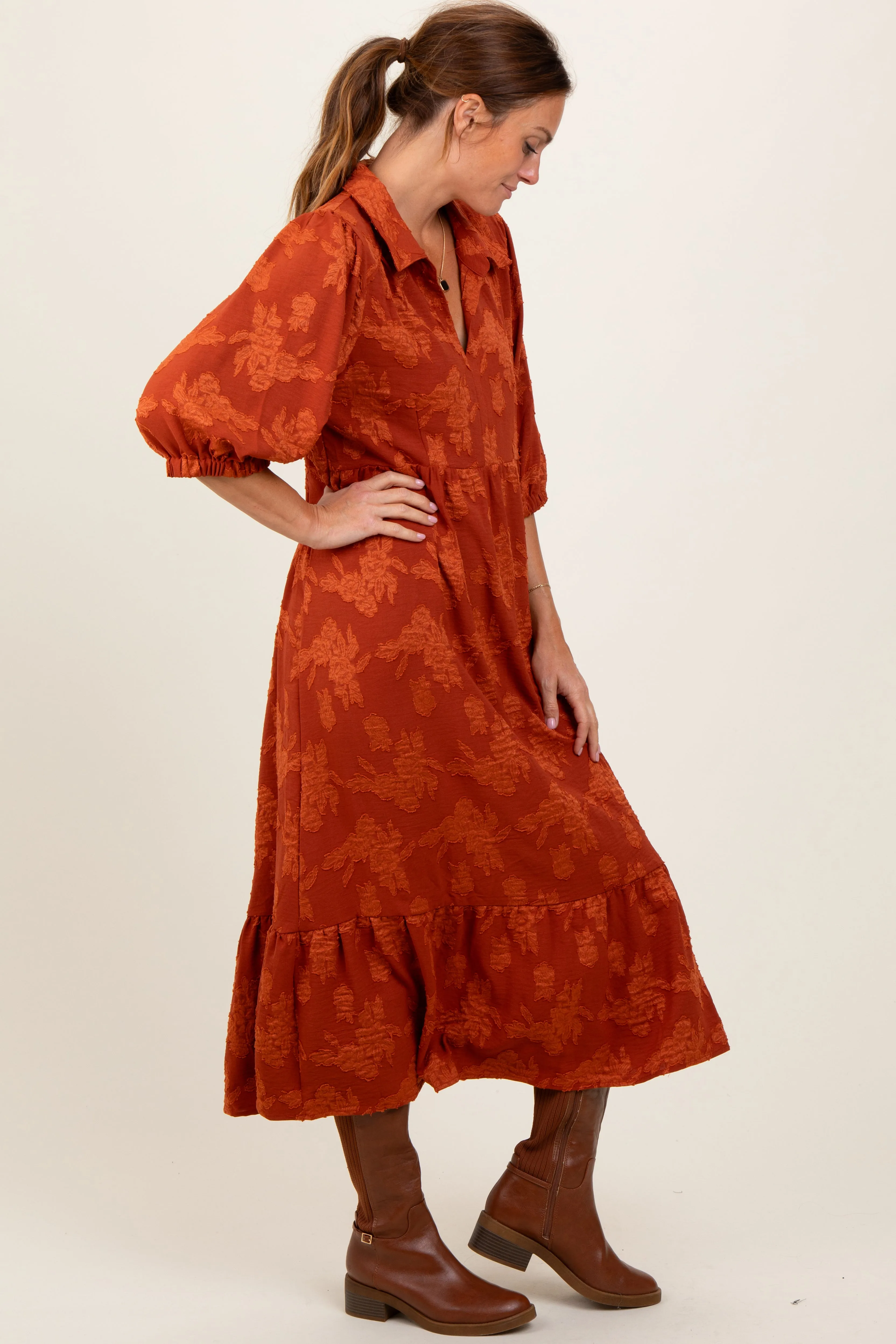Dark Orange Floral Applique Collared Midi Dress sold by Pinkblush product image thumbnail 3