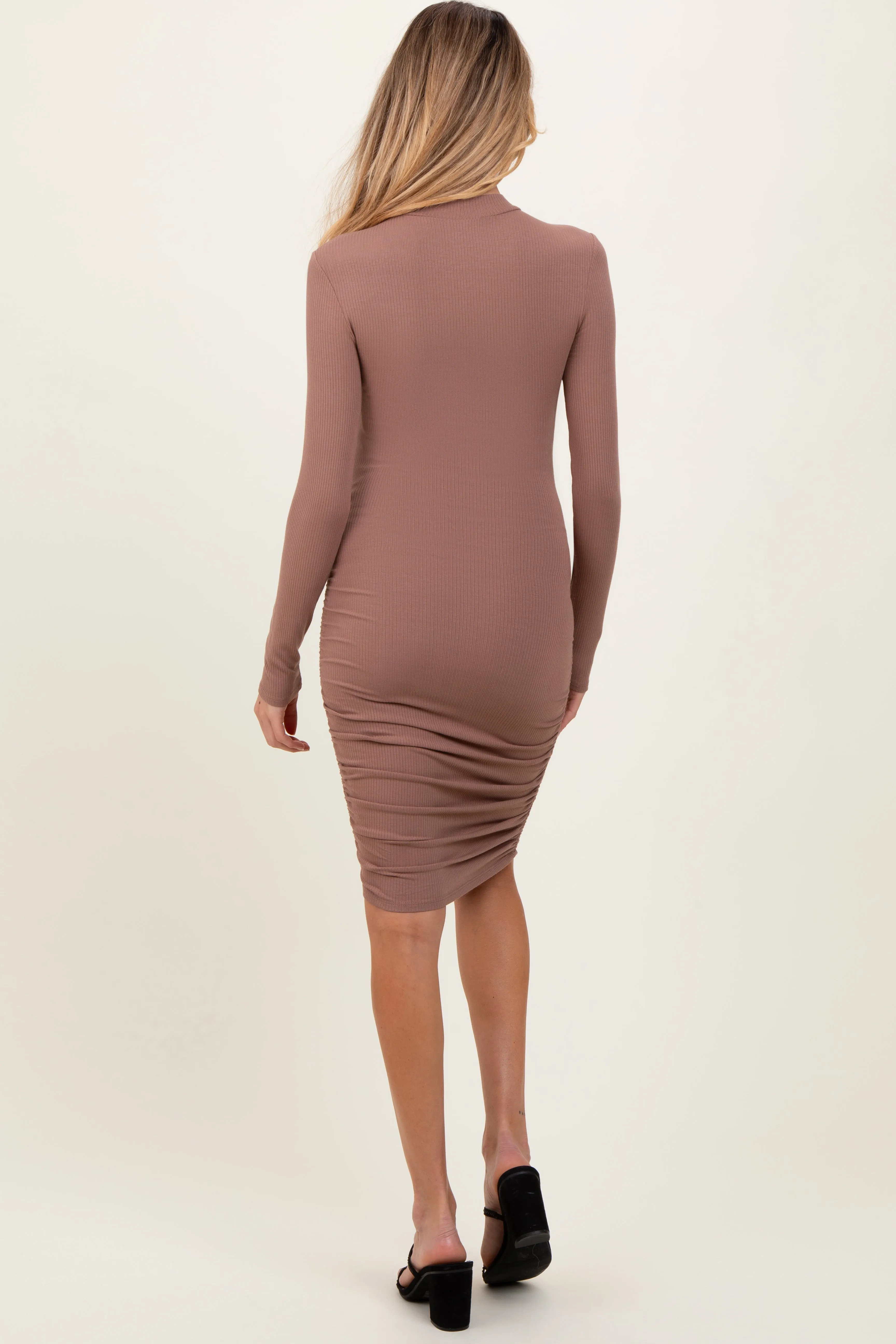 Mocha Ribbed Mock Neck Ruched Long Sleeve Maternity Dress sold by Pinkblush product image thumbnail 2