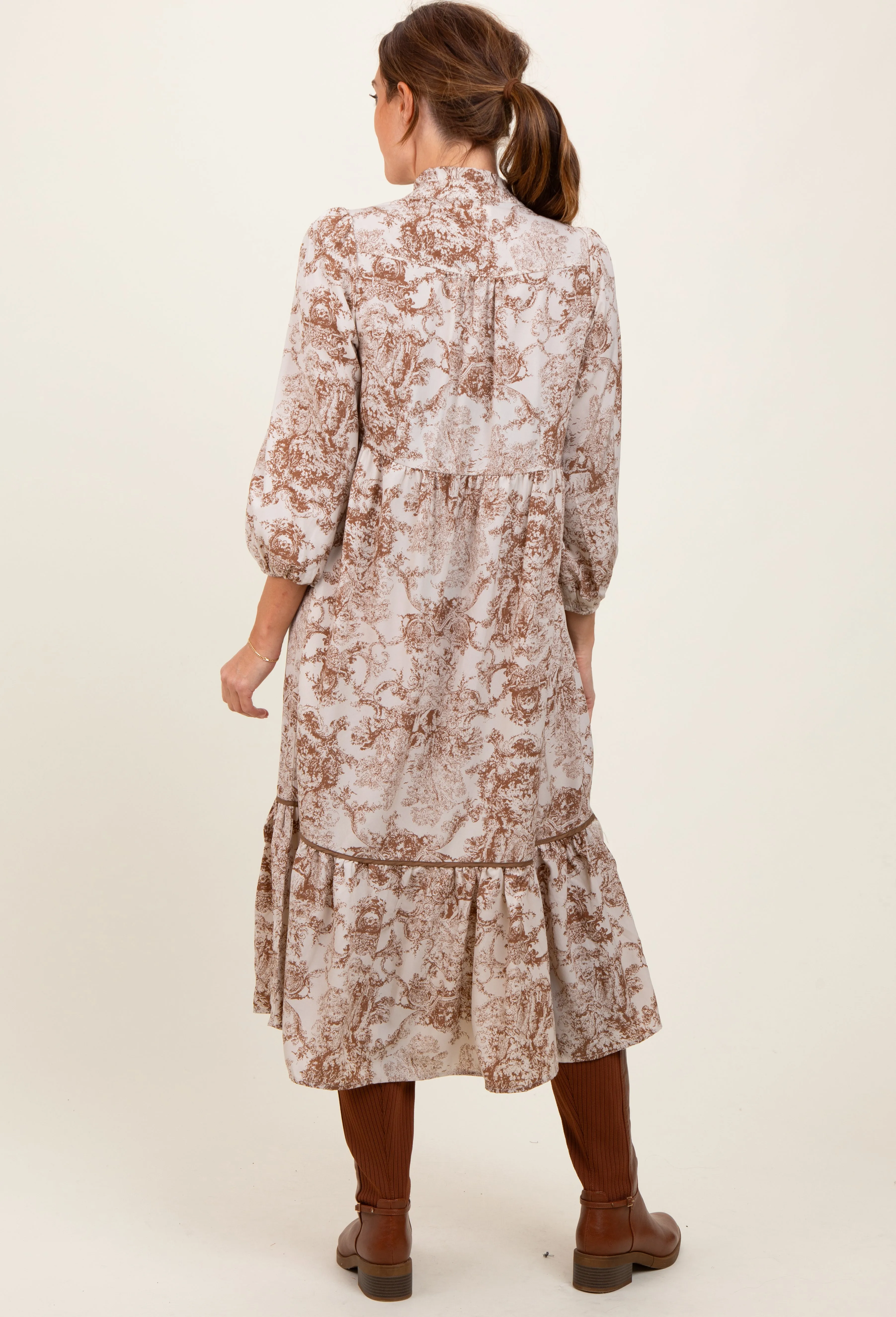 Brown Printed Split Ruffle Collar Midi Dress sold by Pinkblush product image thumbnail 4