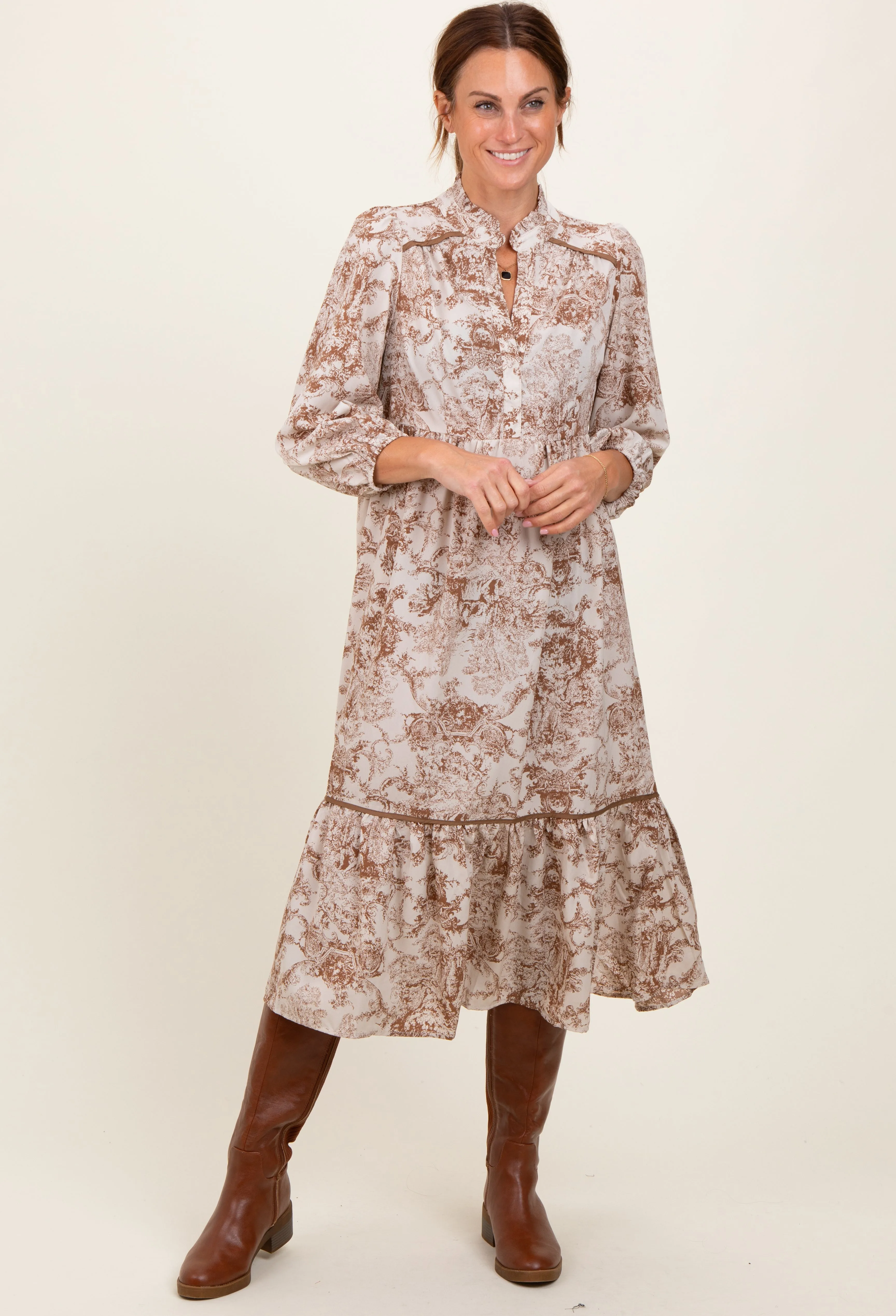 Brown Printed Split Ruffle Collar Midi Dress sold by Pinkblush