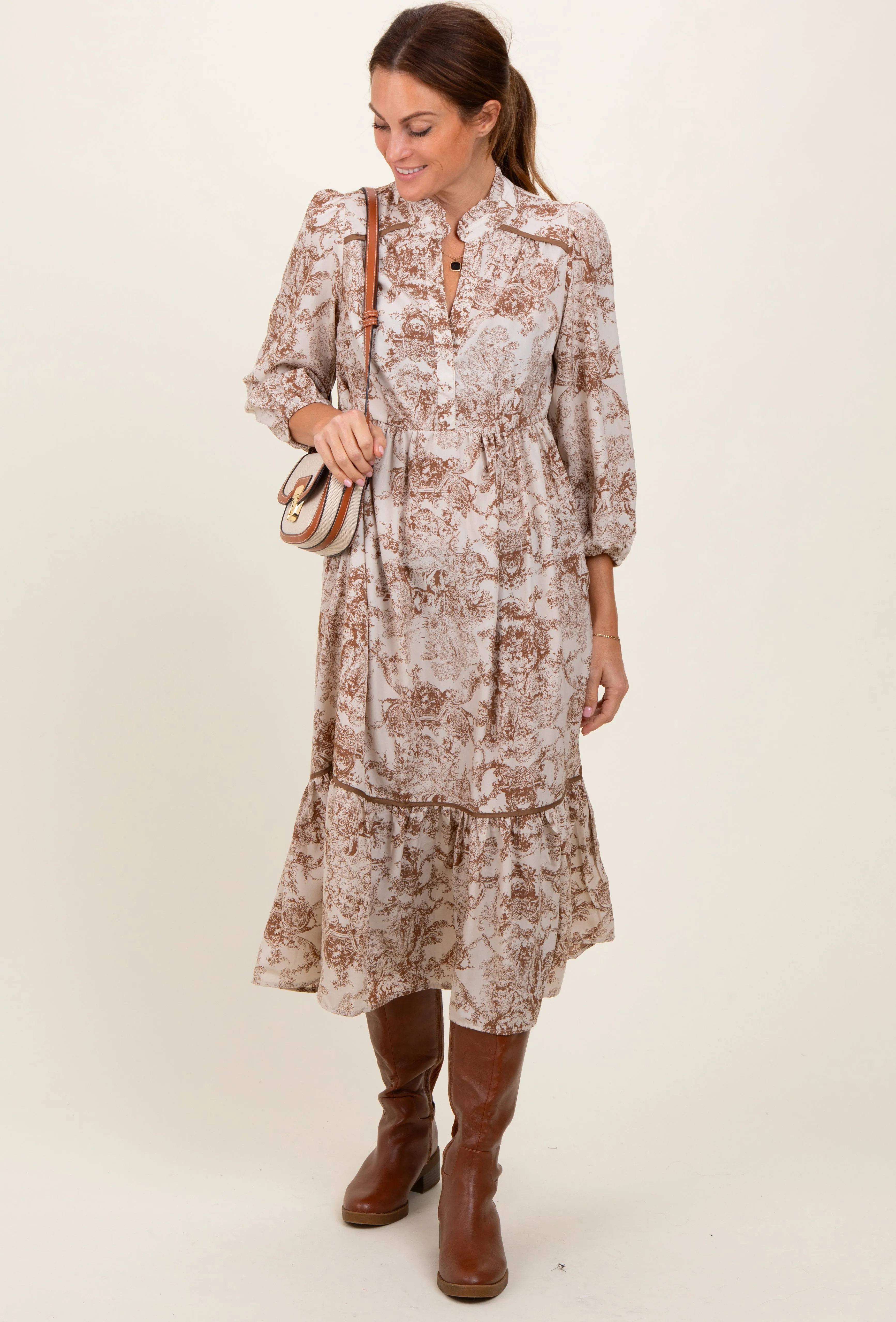 Brown Printed Split Ruffle Collar Midi Dress sold by Pinkblush product image thumbnail 2