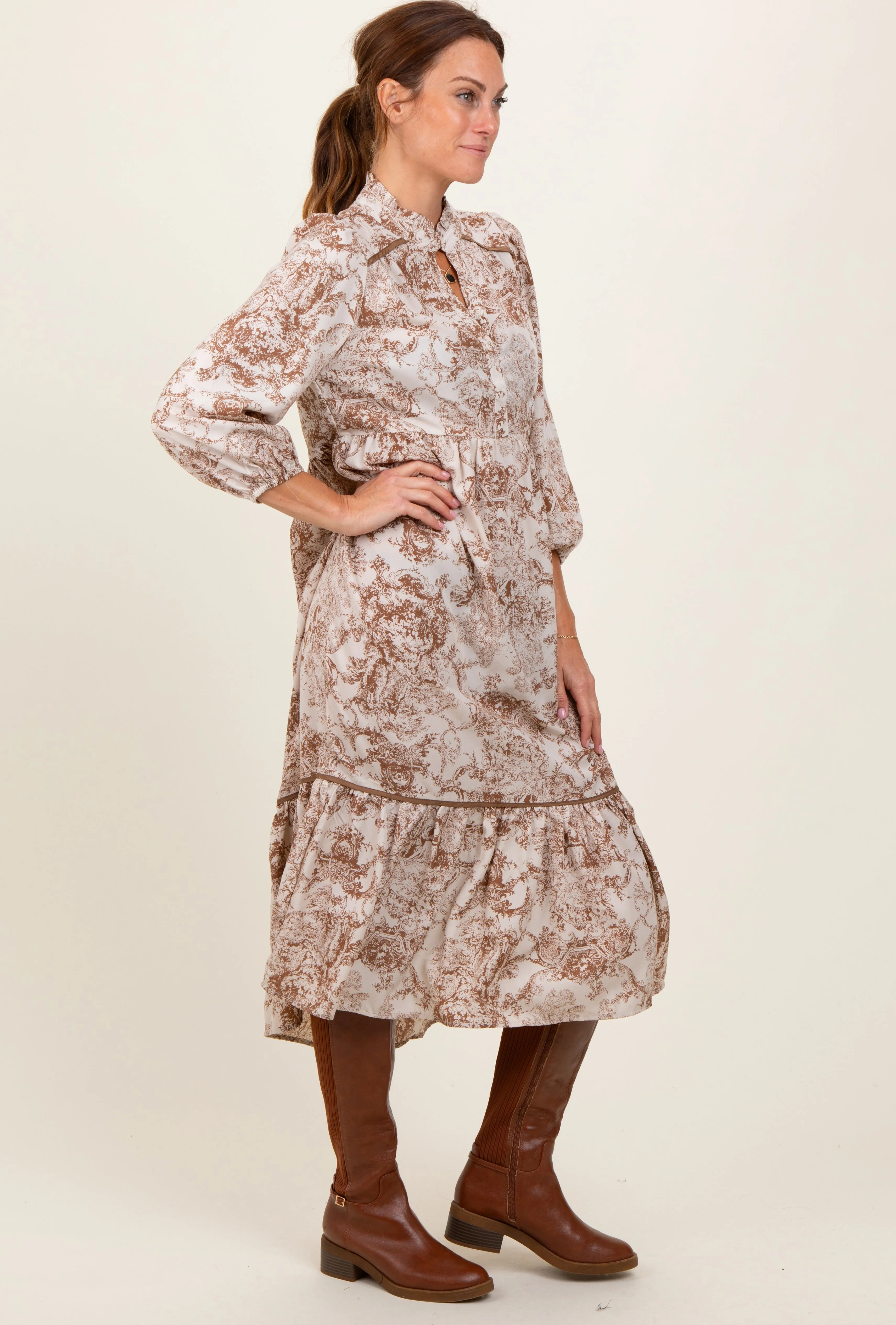 Brown Printed Split Ruffle Collar Midi Dress sold by Pinkblush product image thumbnail 3