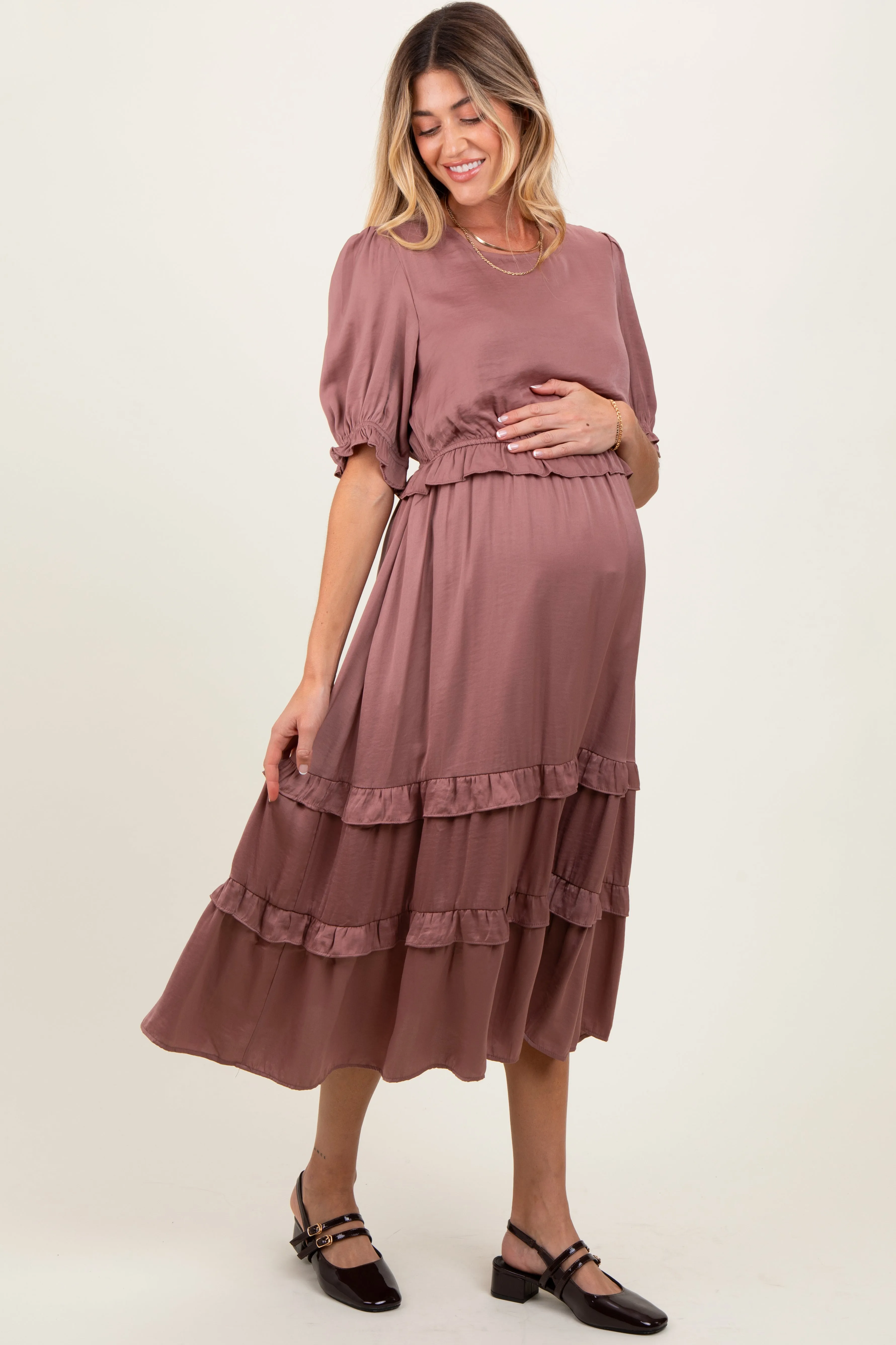 Mauve Satin Ruffle Trim Maternity Midi Dress sold by Pinkblush product image thumbnail 2