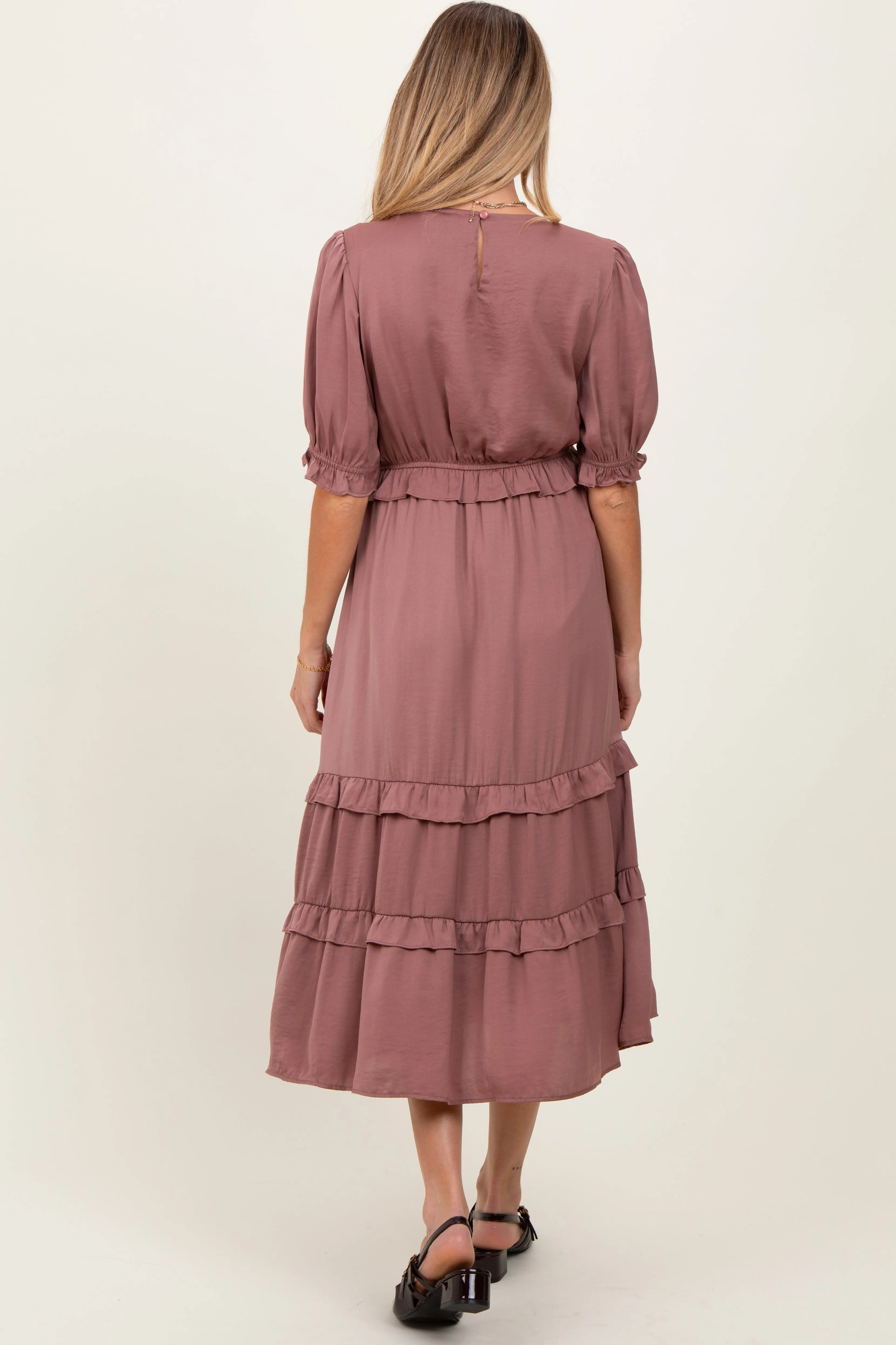 Mauve Satin Ruffle Trim Maternity Midi Dress sold by Pinkblush product image thumbnail 3