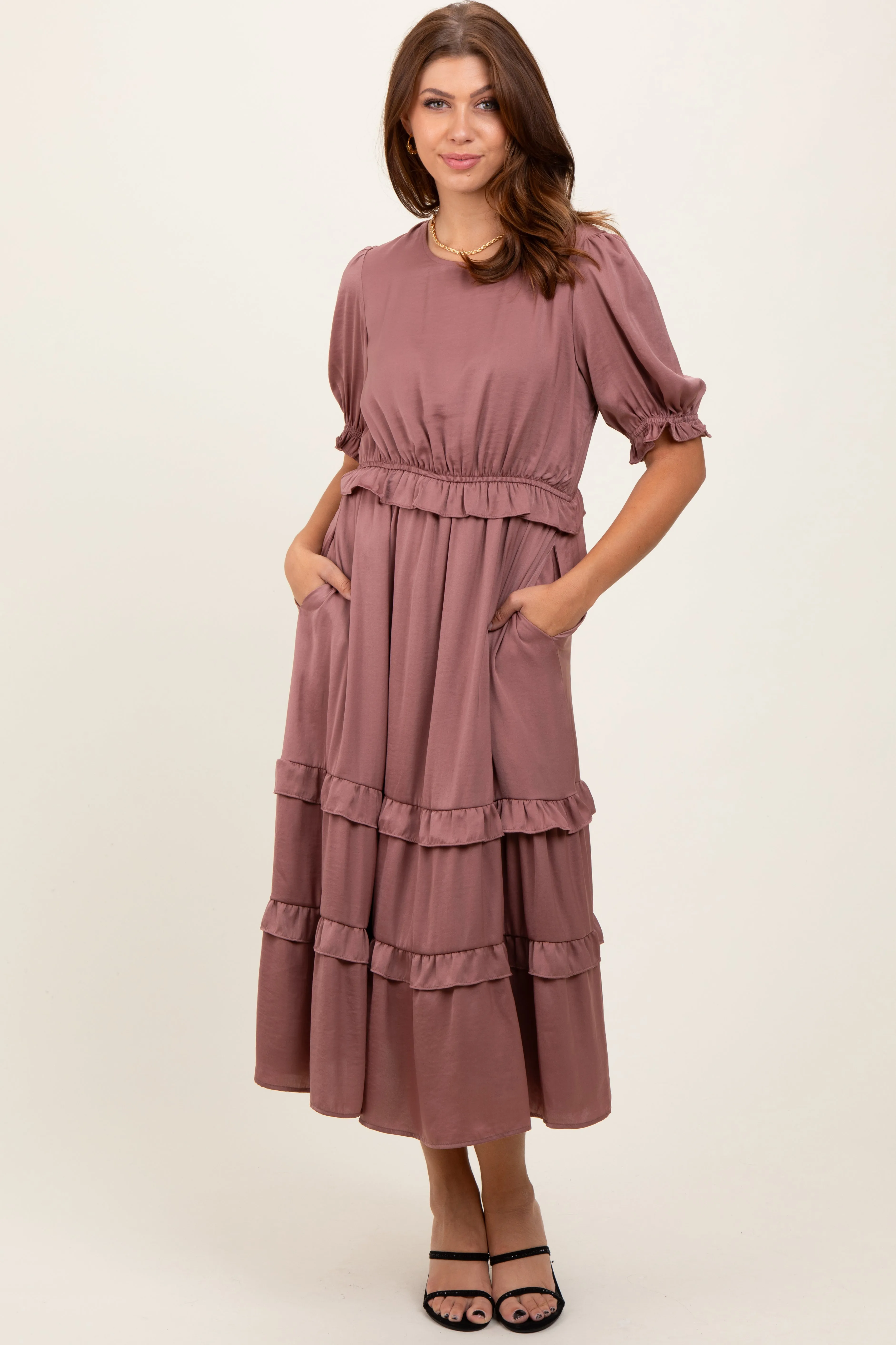 Mauve Satin Ruffle Trim Maternity Midi Dress sold by Pinkblush product image thumbnail 4