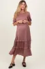 Mauve Satin Ruffle Trim Maternity Midi Dress sold by Pinkblush