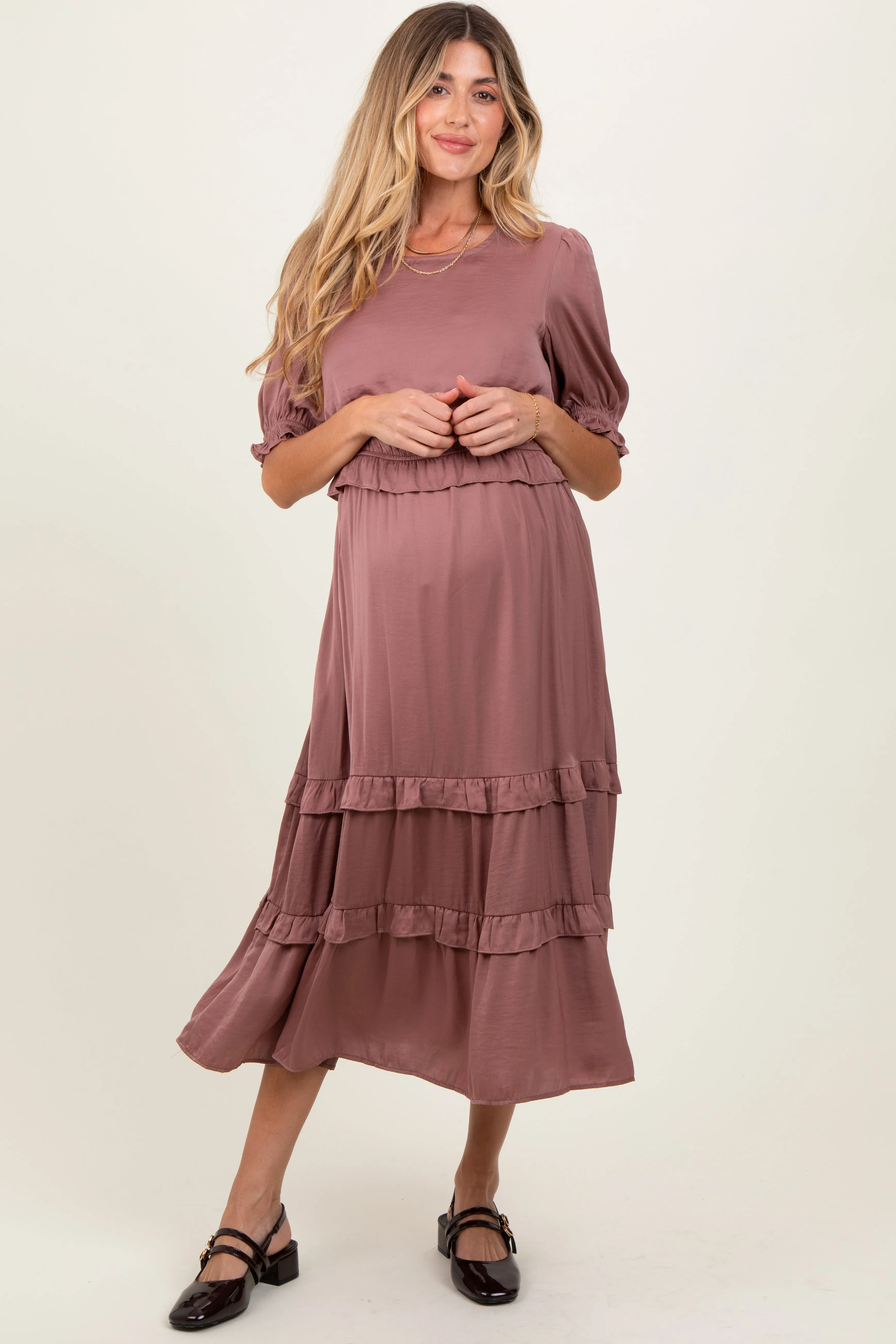 Mauve Satin Ruffle Trim Maternity Midi Dress sold by Pinkblush