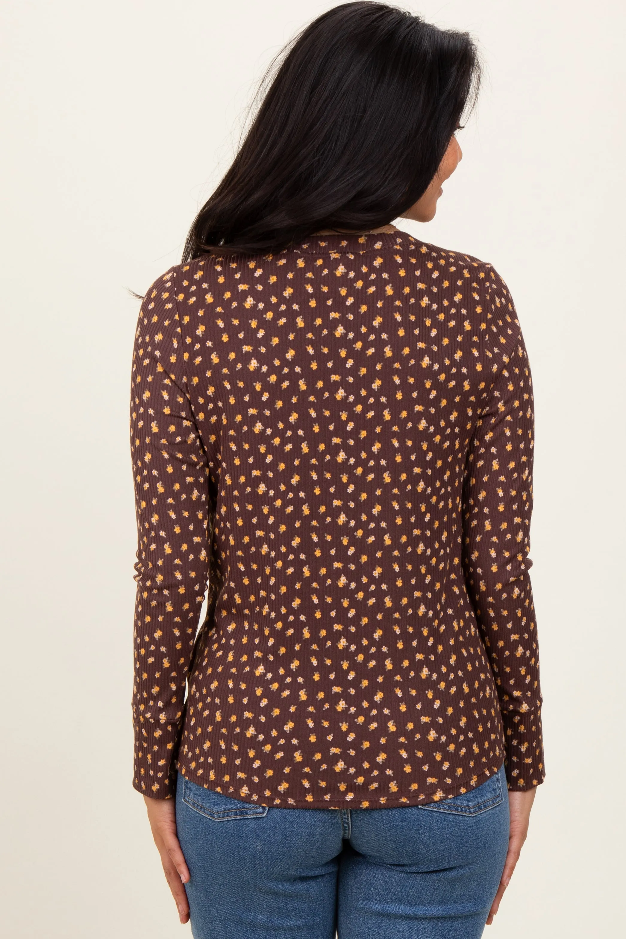 Brown Floral Ribbed Long Sleeve Top sold by Pinkblush product image thumbnail 3