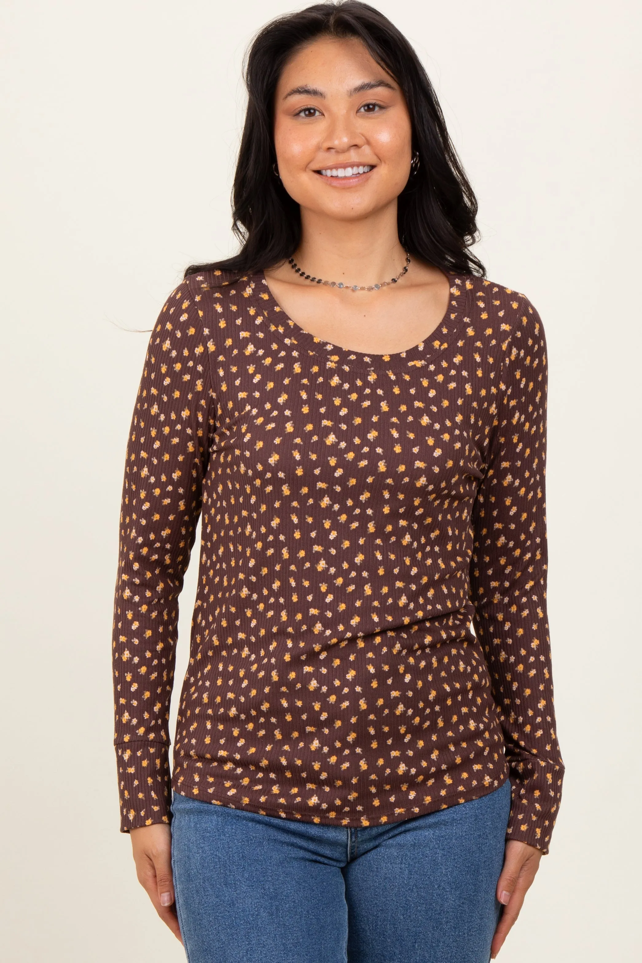 Brown Floral Ribbed Long Sleeve Top sold by Pinkblush