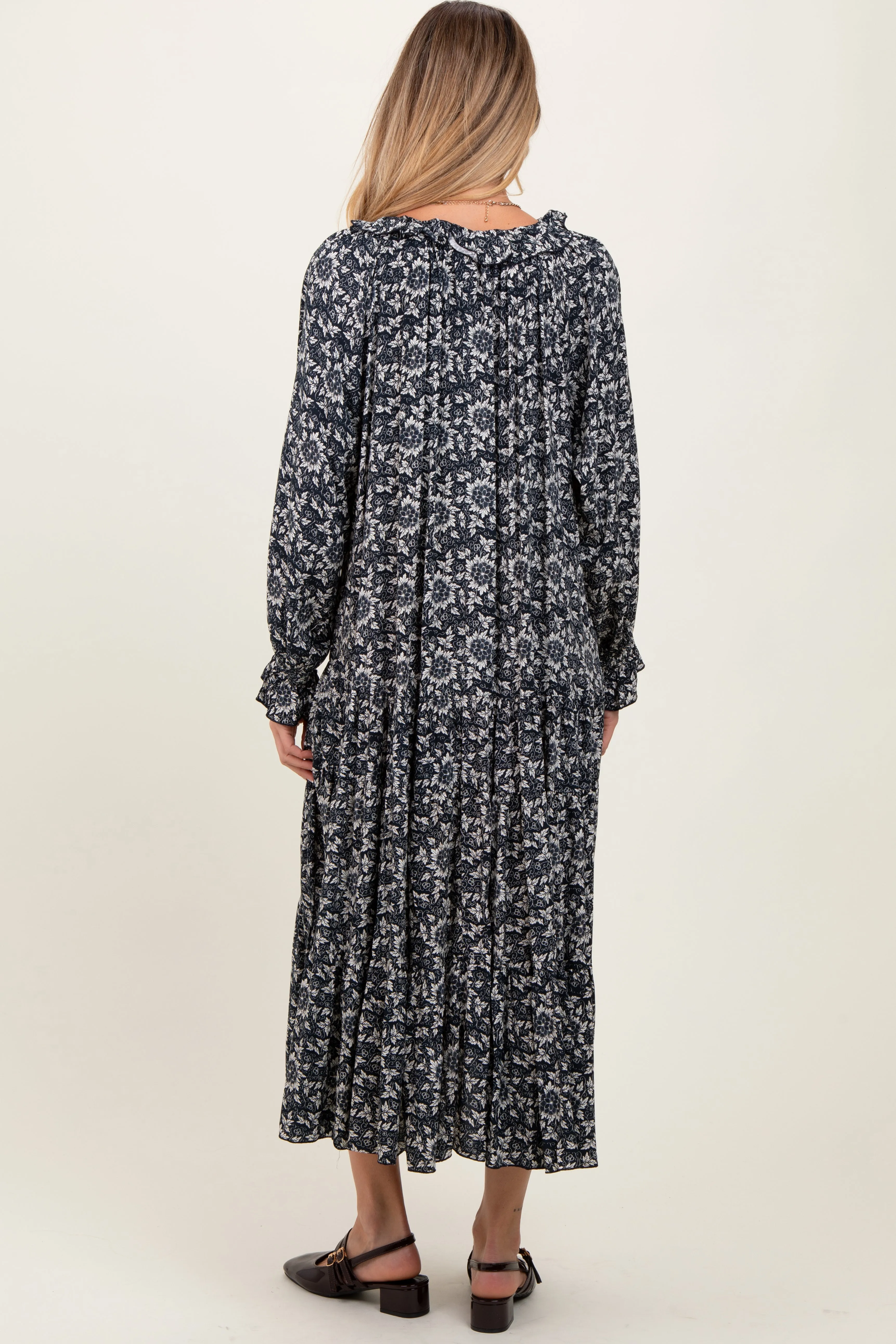 Navy Blue Floral Tie Neckline Tiered Maternity Maxi Dress sold by Pinkblush product image thumbnail 3