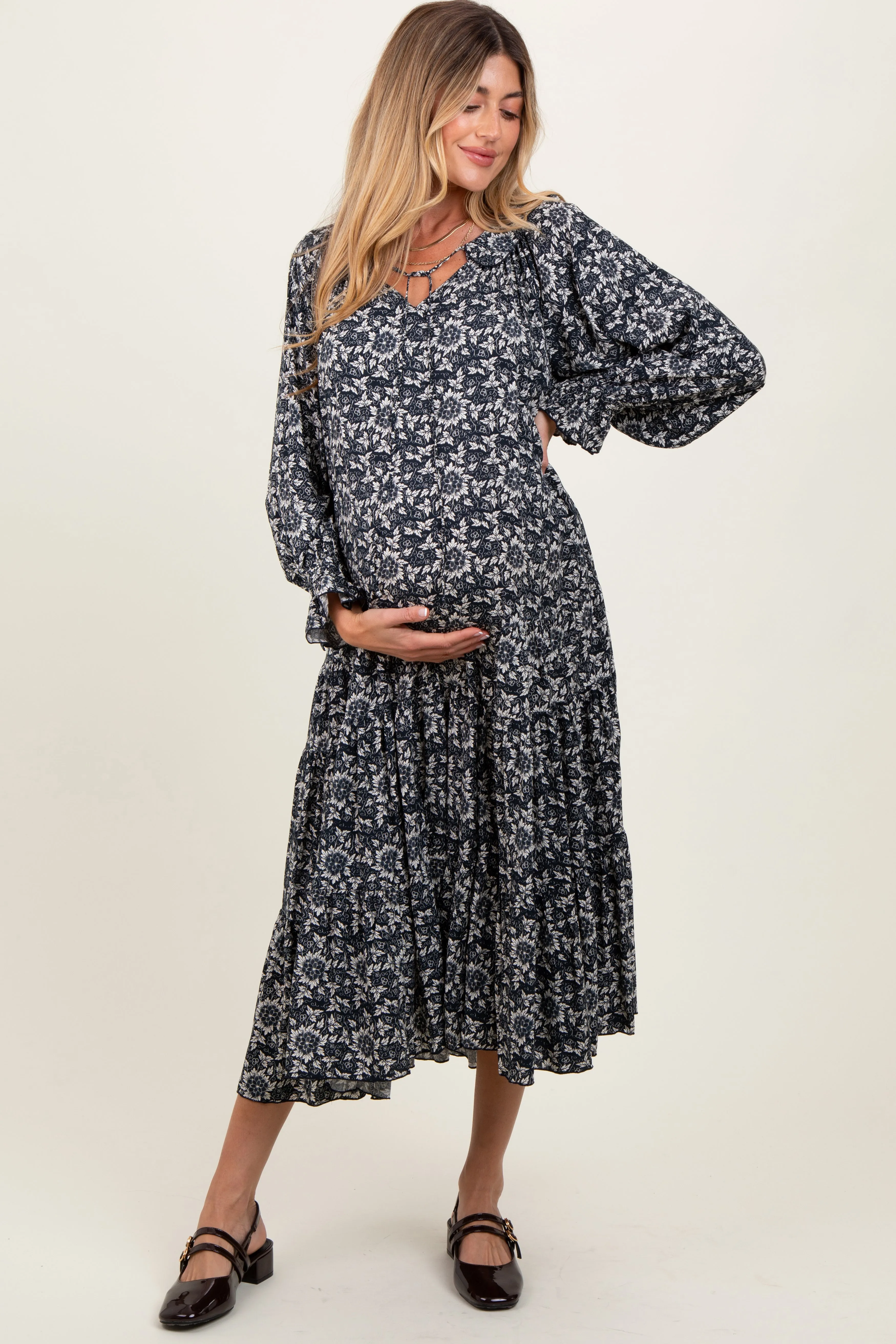 Navy Blue Floral Tie Neckline Tiered Maternity Maxi Dress sold by Pinkblush