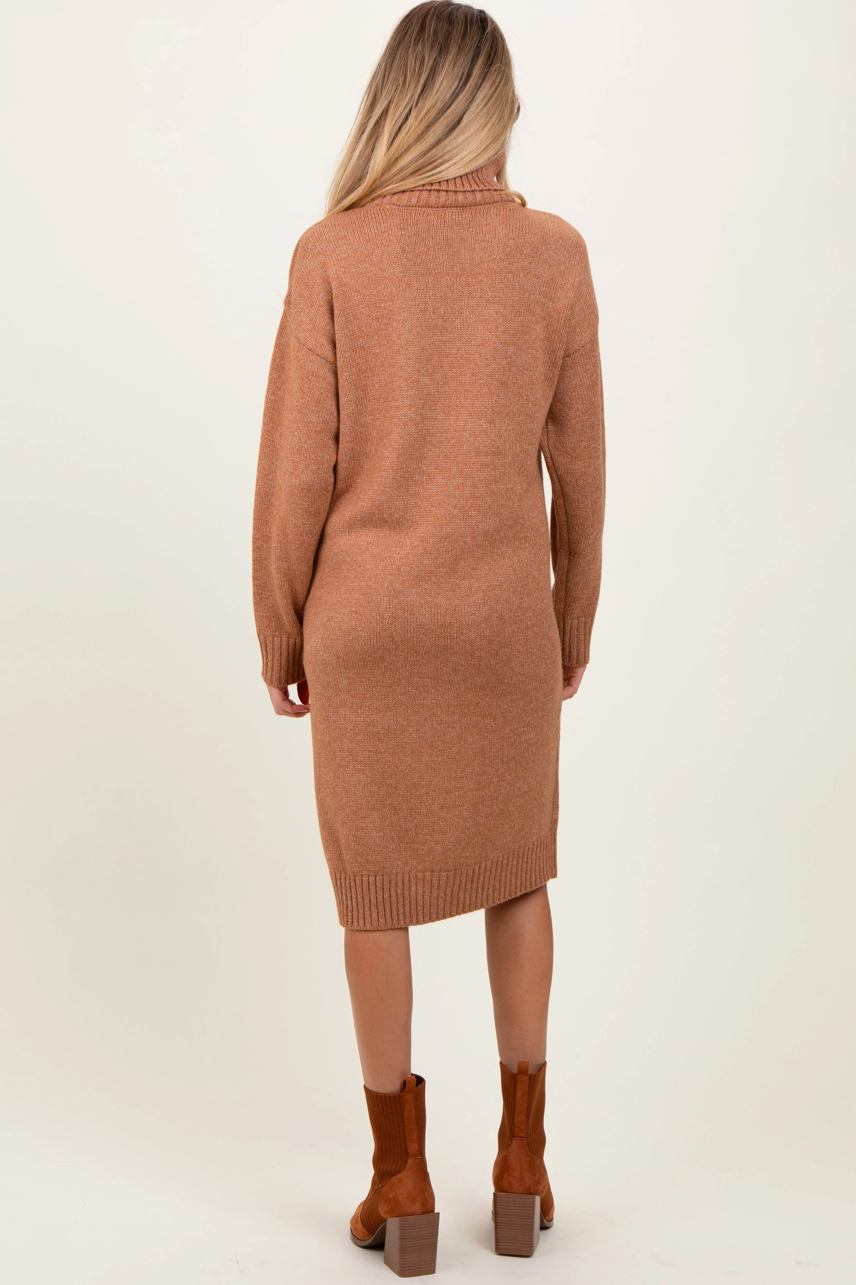 Camel Turtleneck Side Slit Maternity Midi Sweater Dress sold by Pinkblush product image thumbnail 3